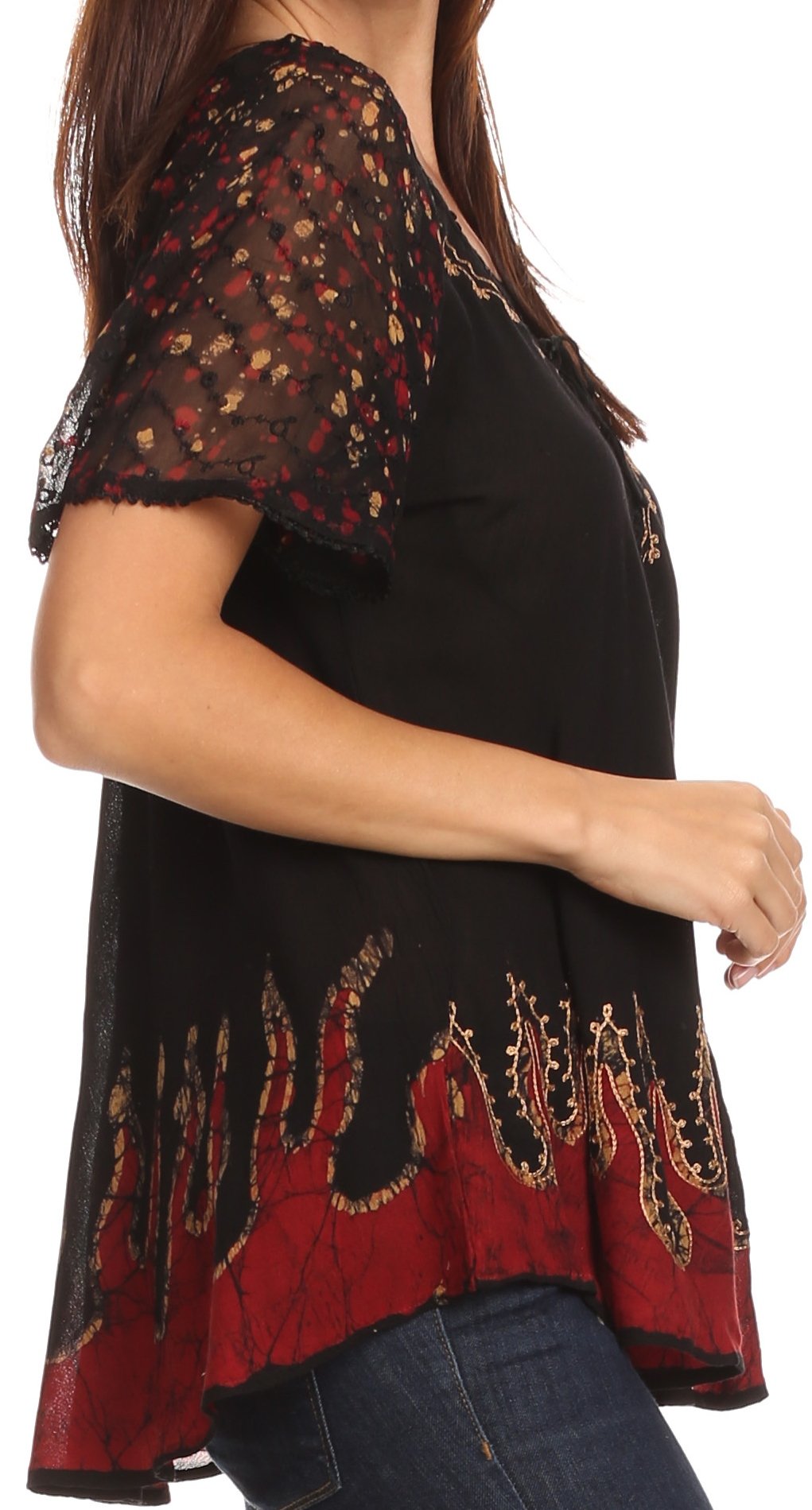 Blusa/Top Sakkas Cora de Manga Corta con Bordado y Diseño Batik de Corte Holgado