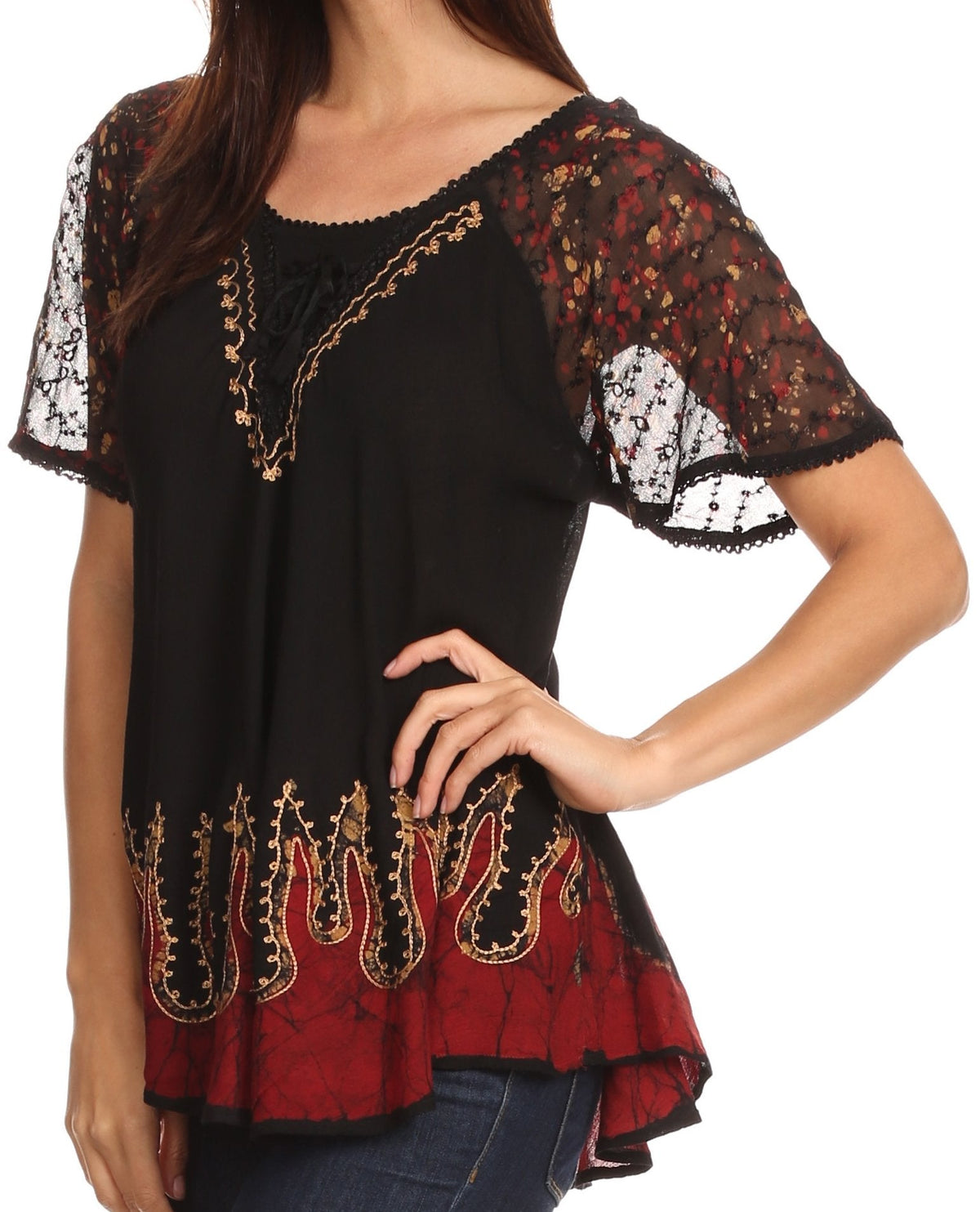 Blusa/Top Sakkas Cora de Manga Corta con Bordado y Diseño Batik de Corte Holgado