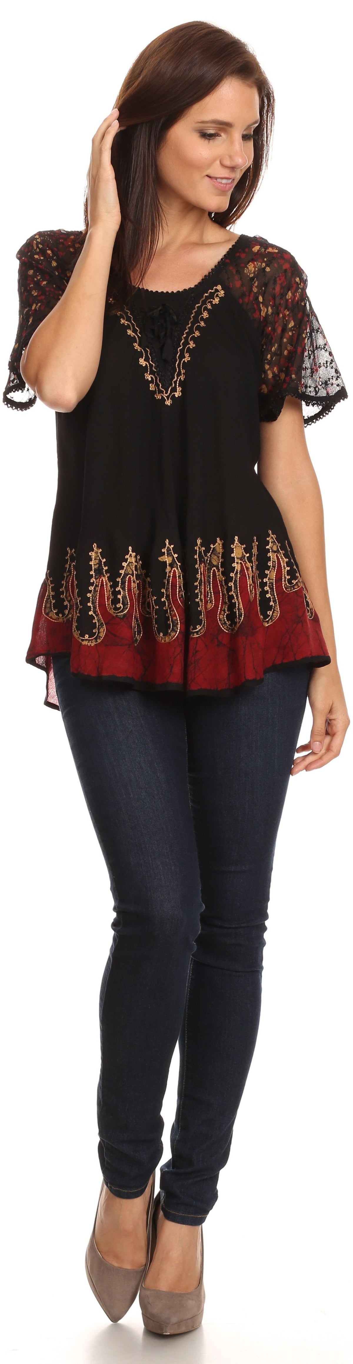 Blusa/Top Sakkas Cora de Manga Corta con Bordado y Diseño Batik de Corte Holgado