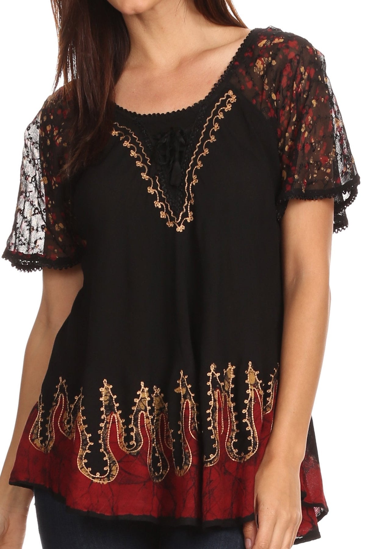 Blusa/Top Sakkas Cora de Manga Corta con Bordado y Diseño Batik de Corte Holgado