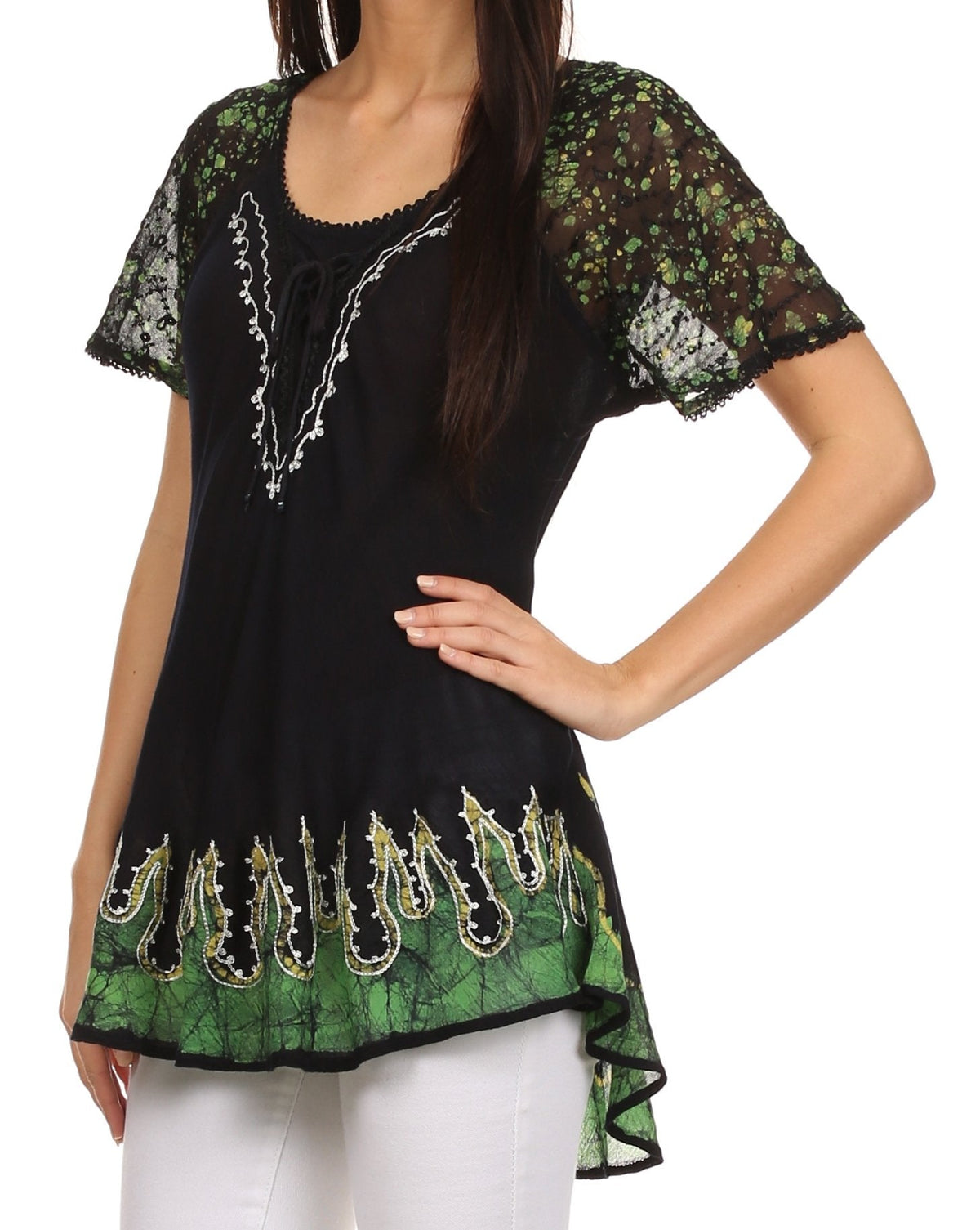 Blusa/Top Sakkas Cora de Manga Corta con Bordado y Diseño Batik de Corte Holgado