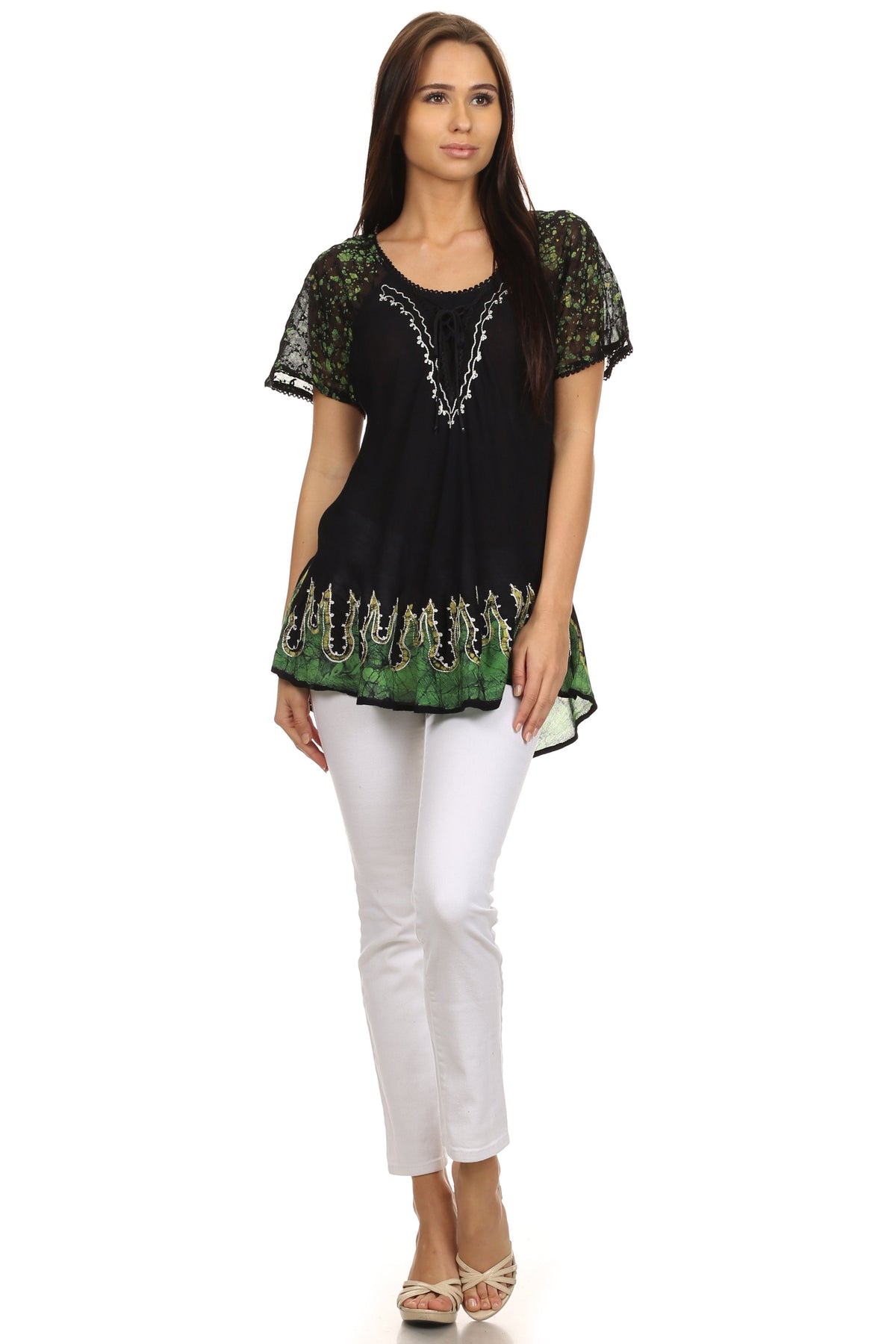 Blusa/Top Sakkas Cora de Manga Corta con Bordado y Diseño Batik de Corte Holgado