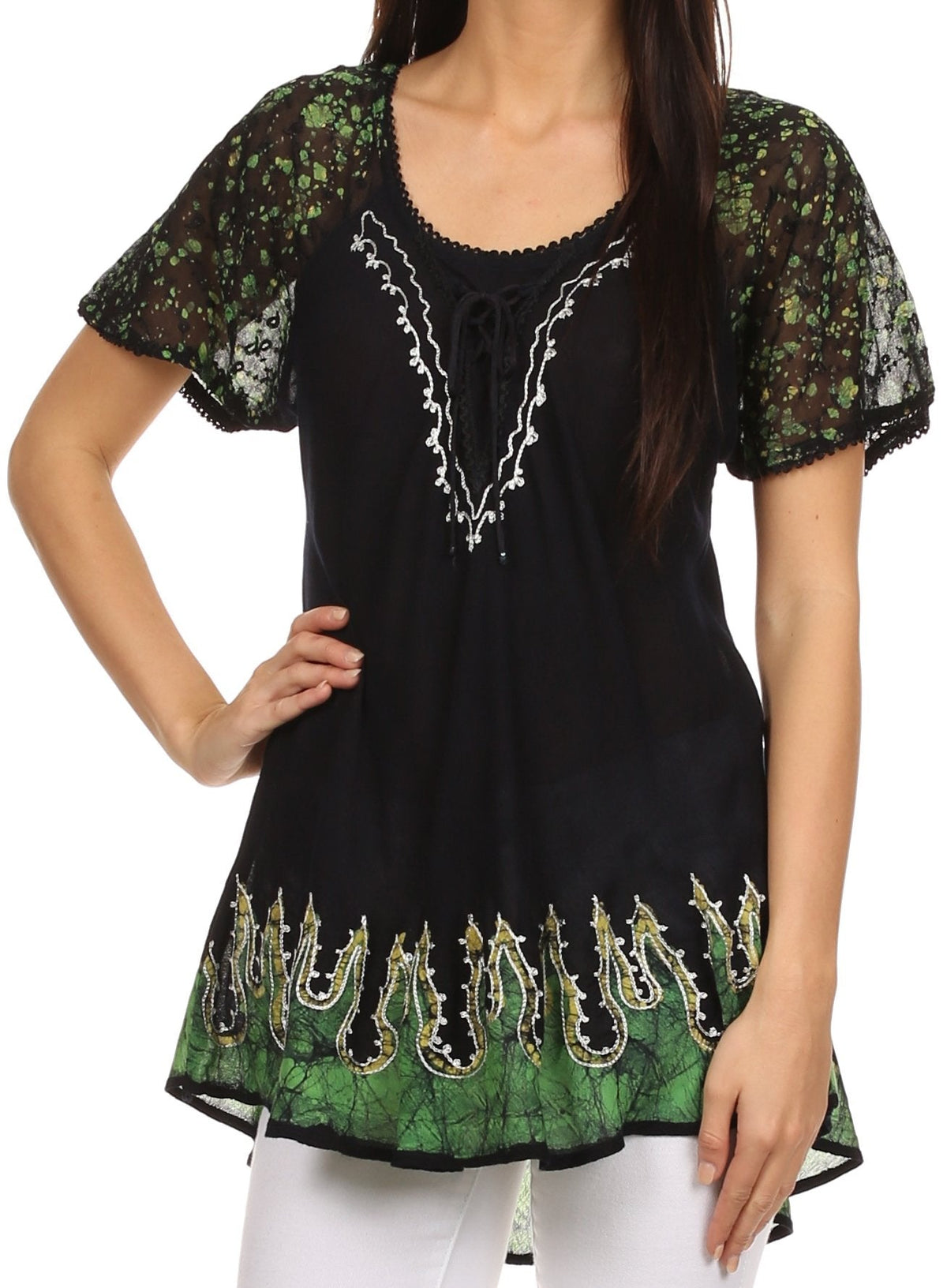 Blusa/Top Sakkas Cora de Manga Corta con Bordado y Diseño Batik de Corte Holgado