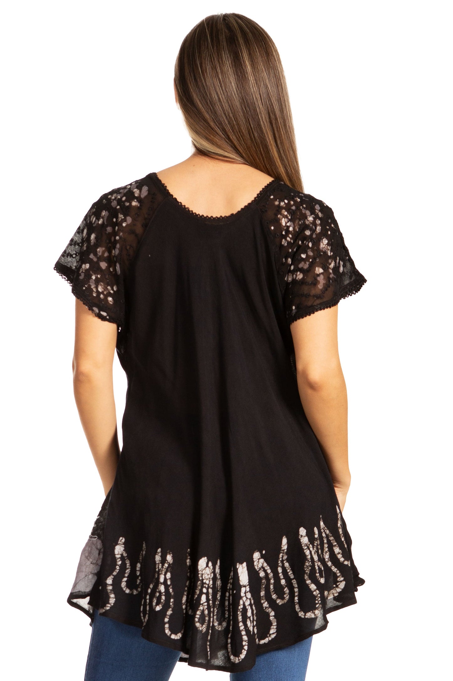 Blusa/Top Sakkas Cora de Manga Corta con Bordado y Diseño Batik de Corte Holgado