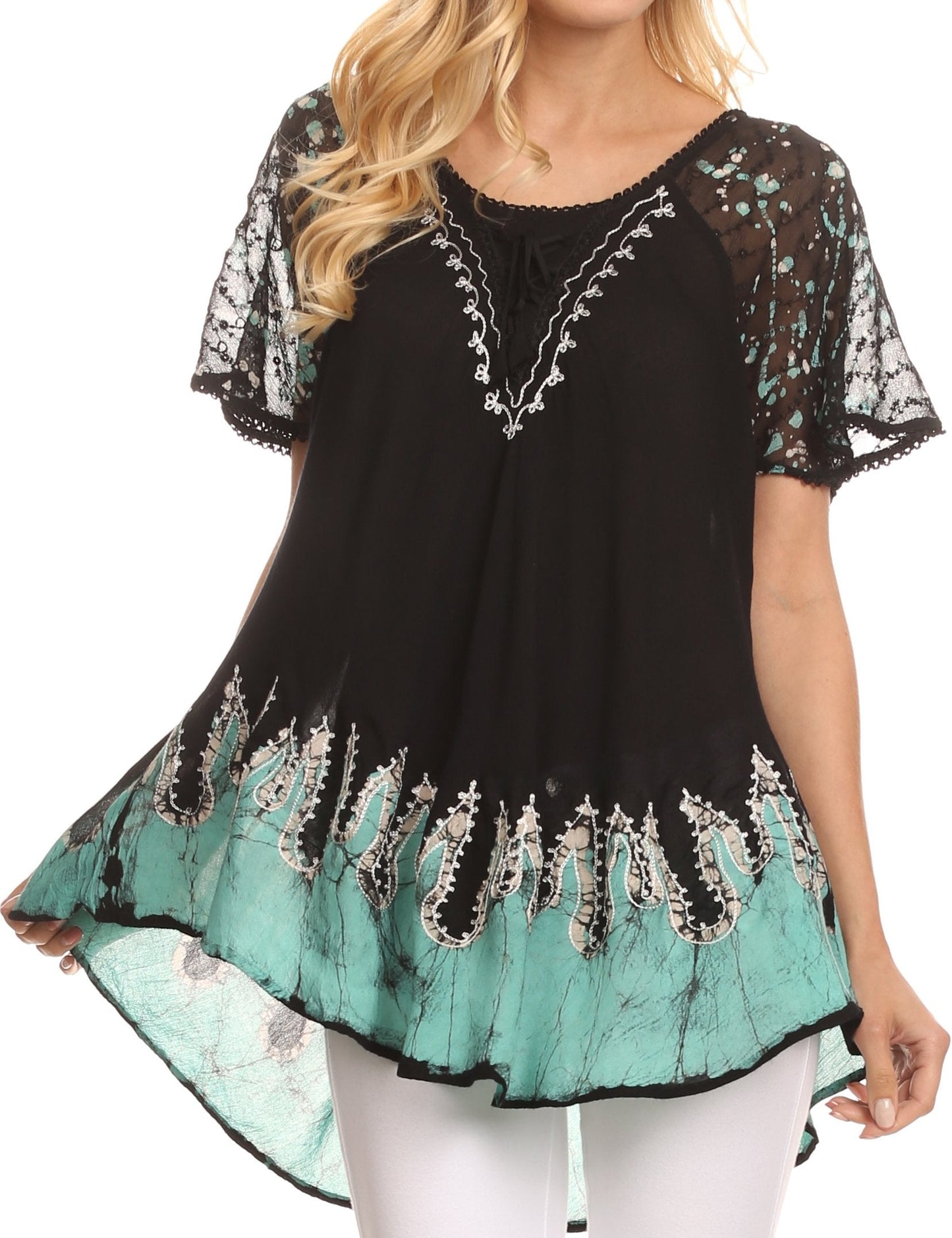 Blusa/Top Sakkas Cora de Manga Corta con Bordado y Diseño Batik de Corte Holgado