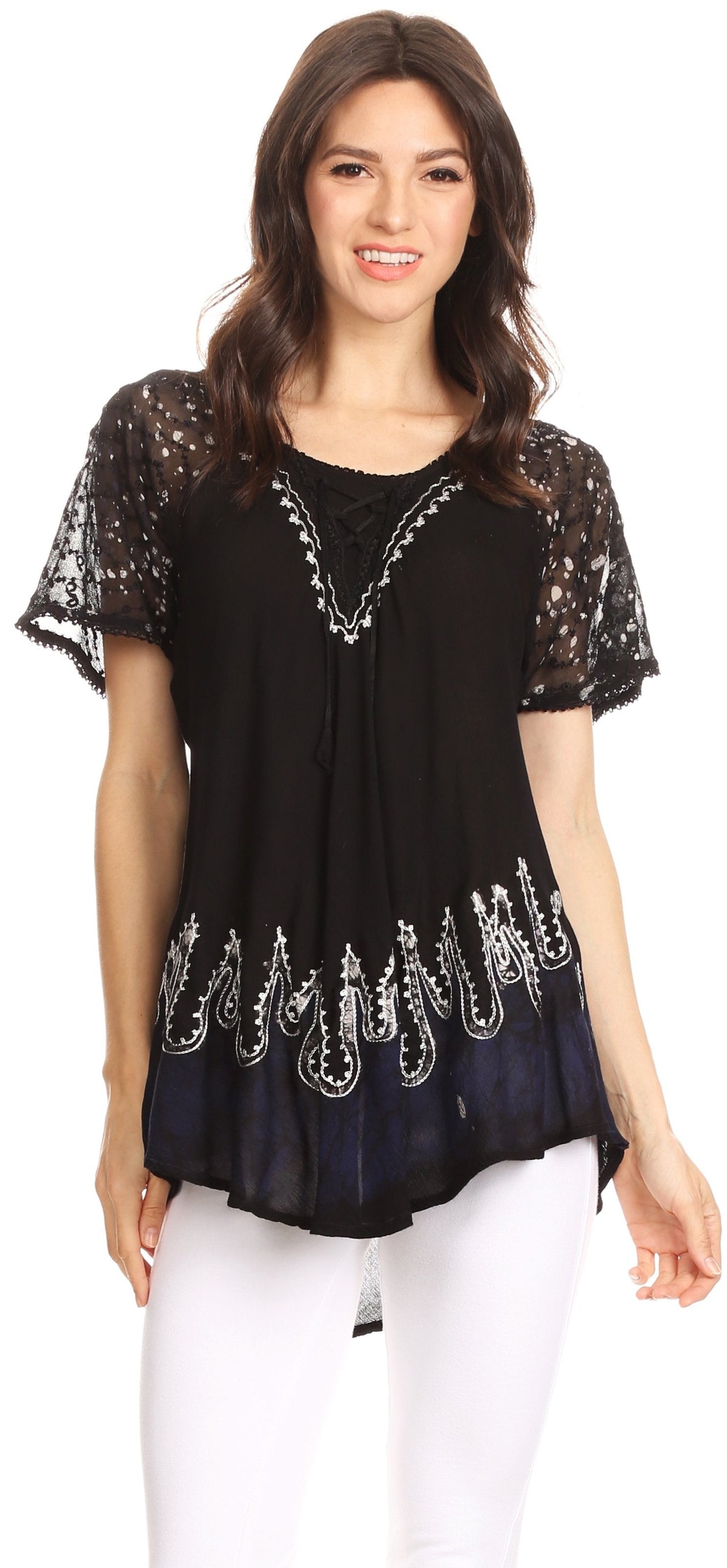 Blusa/Top Sakkas Cora de Manga Corta con Bordado y Diseño Batik de Corte Holgado
