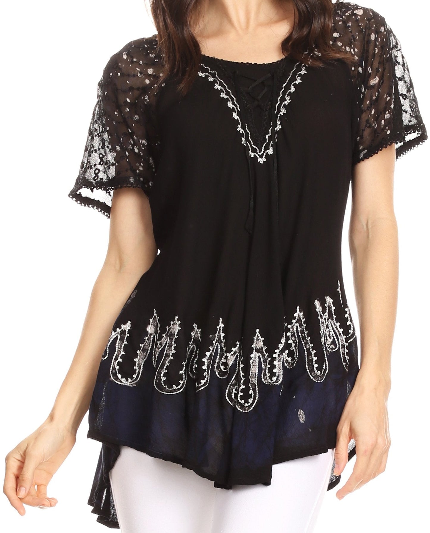 Blusa/Top Sakkas Cora de Manga Corta con Bordado y Diseño Batik de Corte Holgado