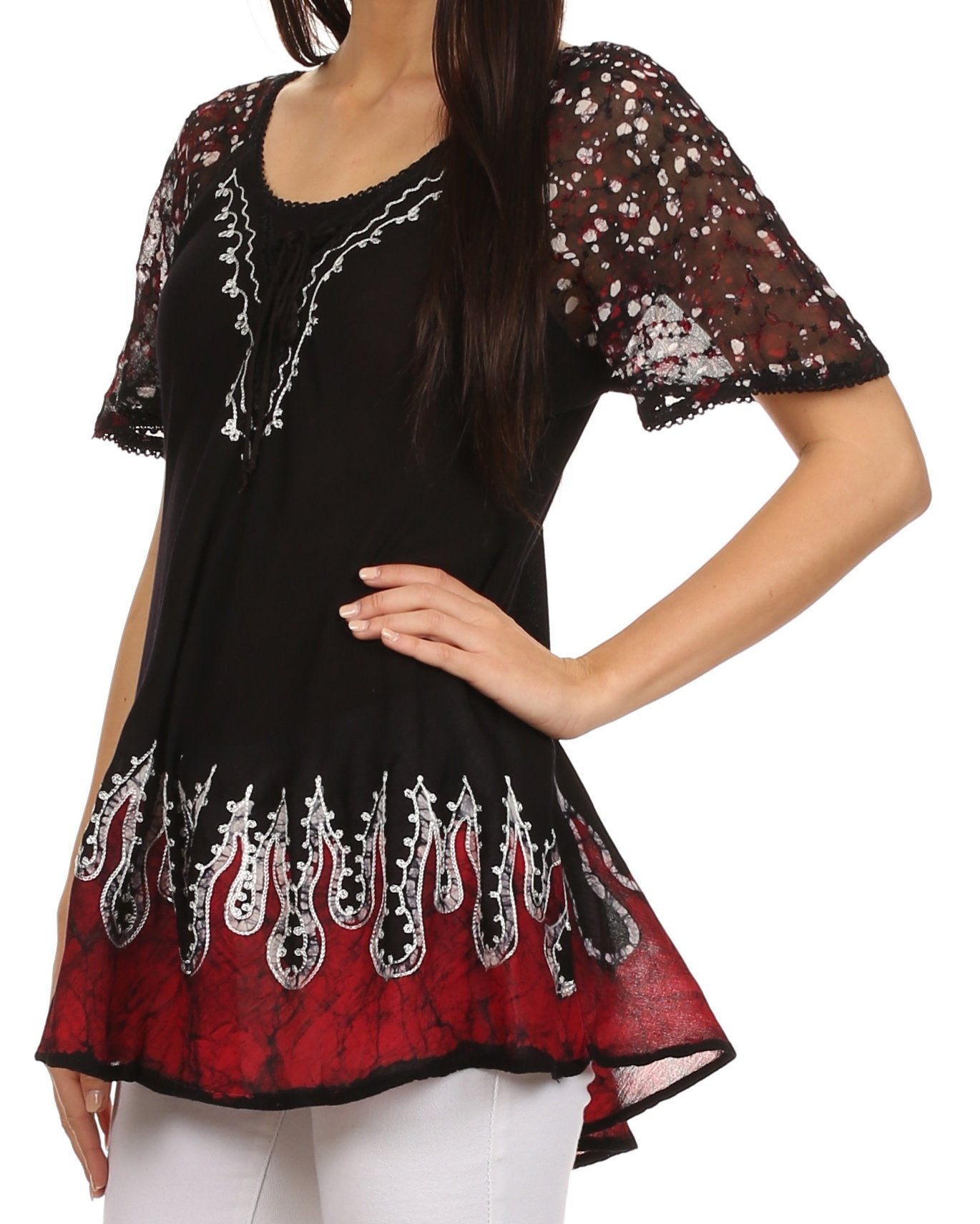 Blusa/Top Sakkas Cora de Manga Corta con Bordado y Diseño Batik de Corte Holgado