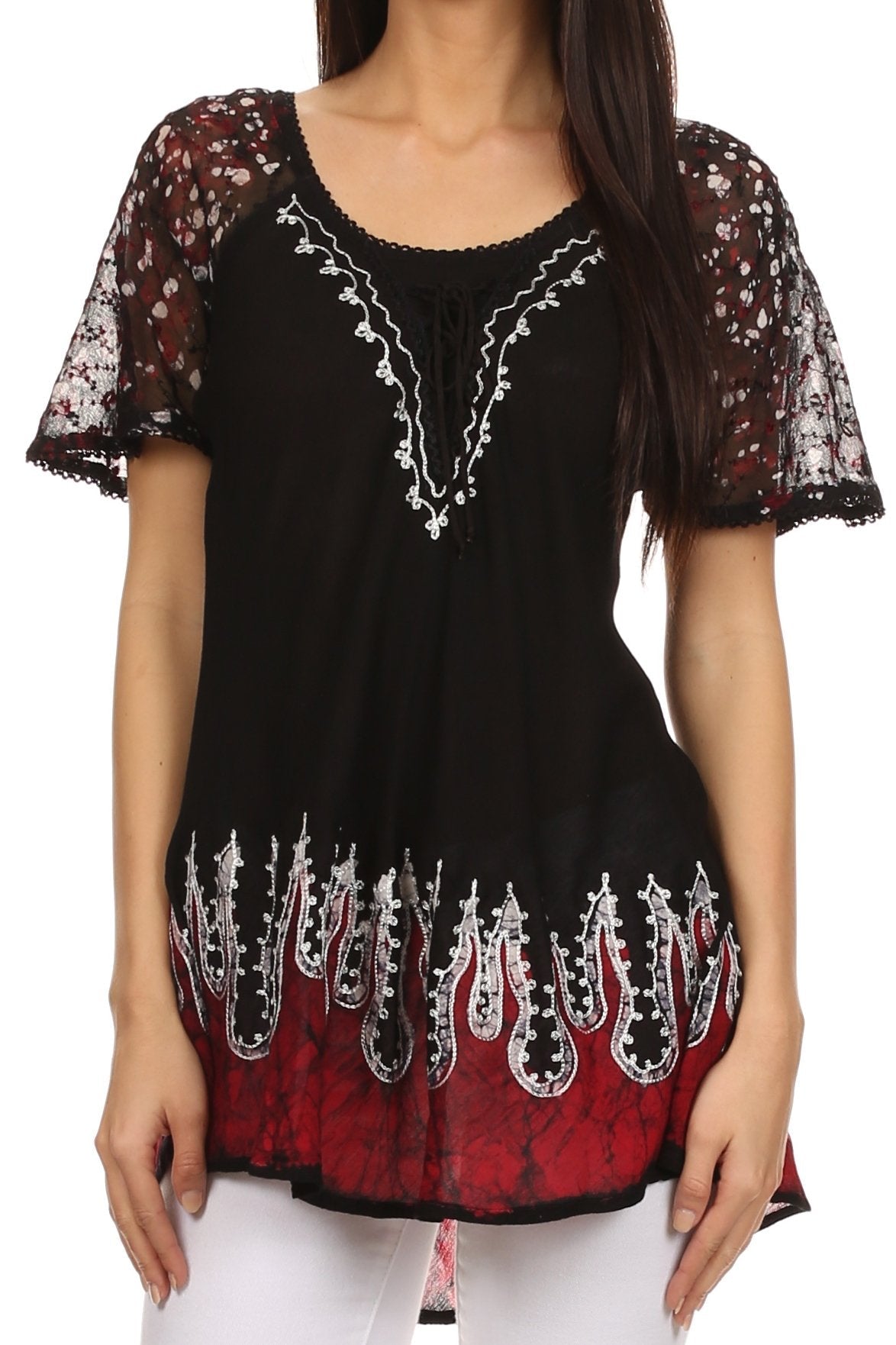 Blusa/Top Sakkas Cora de Manga Corta con Bordado y Diseño Batik de Corte Holgado