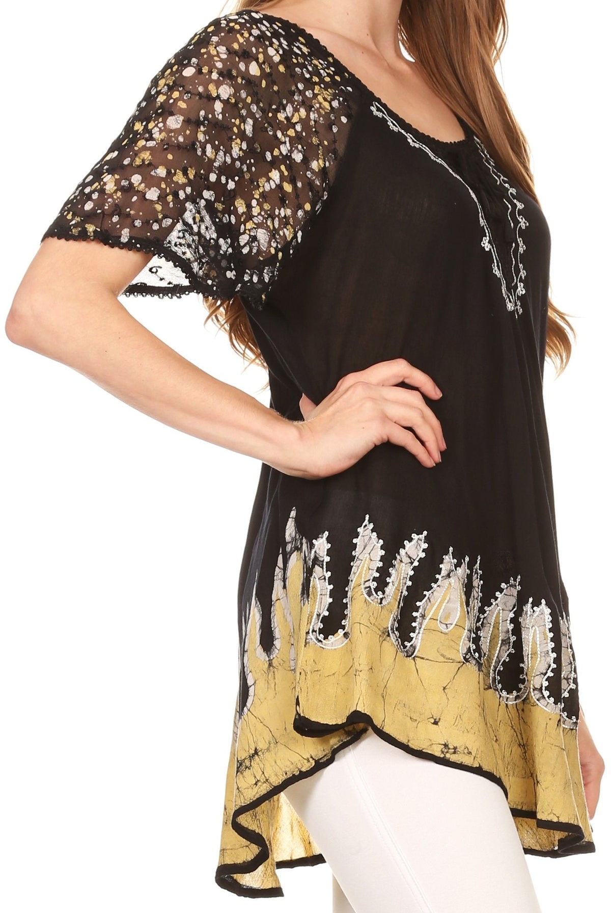 Blusa/Top Sakkas Cora de Manga Corta con Bordado y Diseño Batik de Corte Holgado