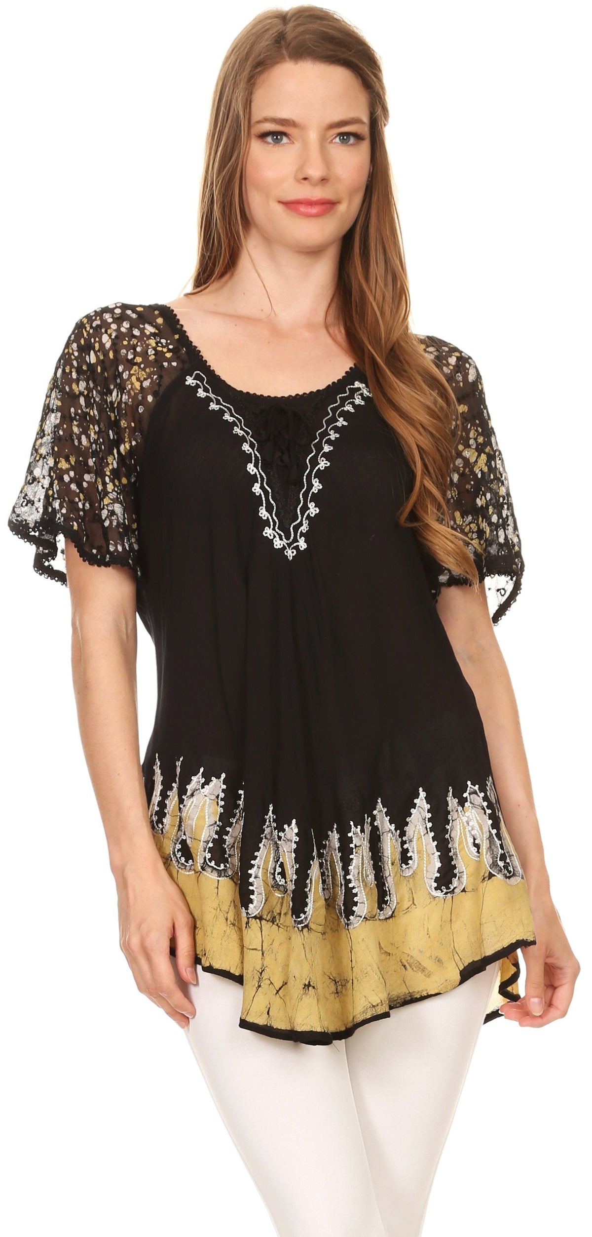 Blusa/Top Sakkas Cora de Manga Corta con Bordado y Diseño Batik de Corte Holgado