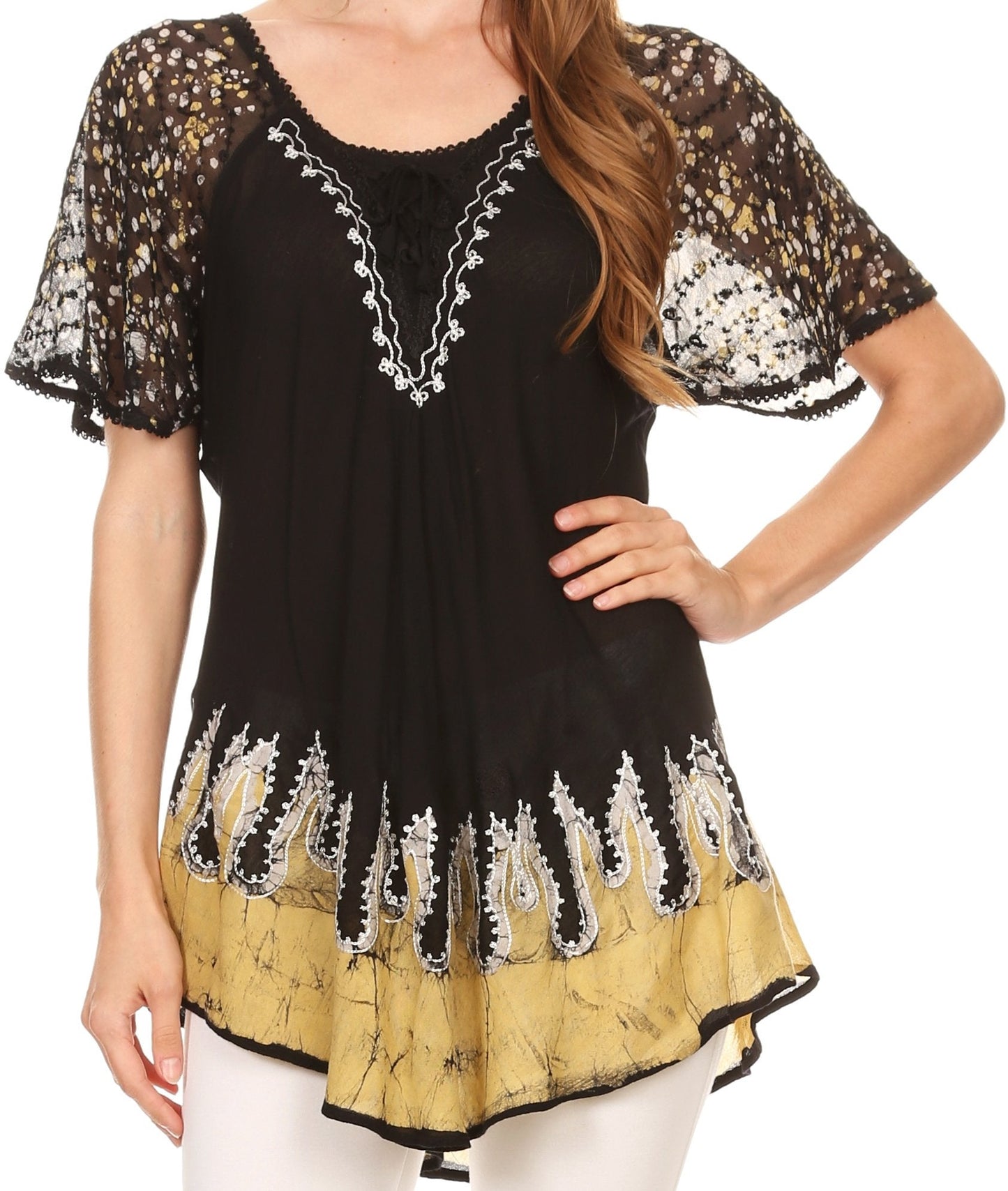 Blusa/Top Sakkas Cora de Manga Corta con Bordado y Diseño Batik de Corte Holgado