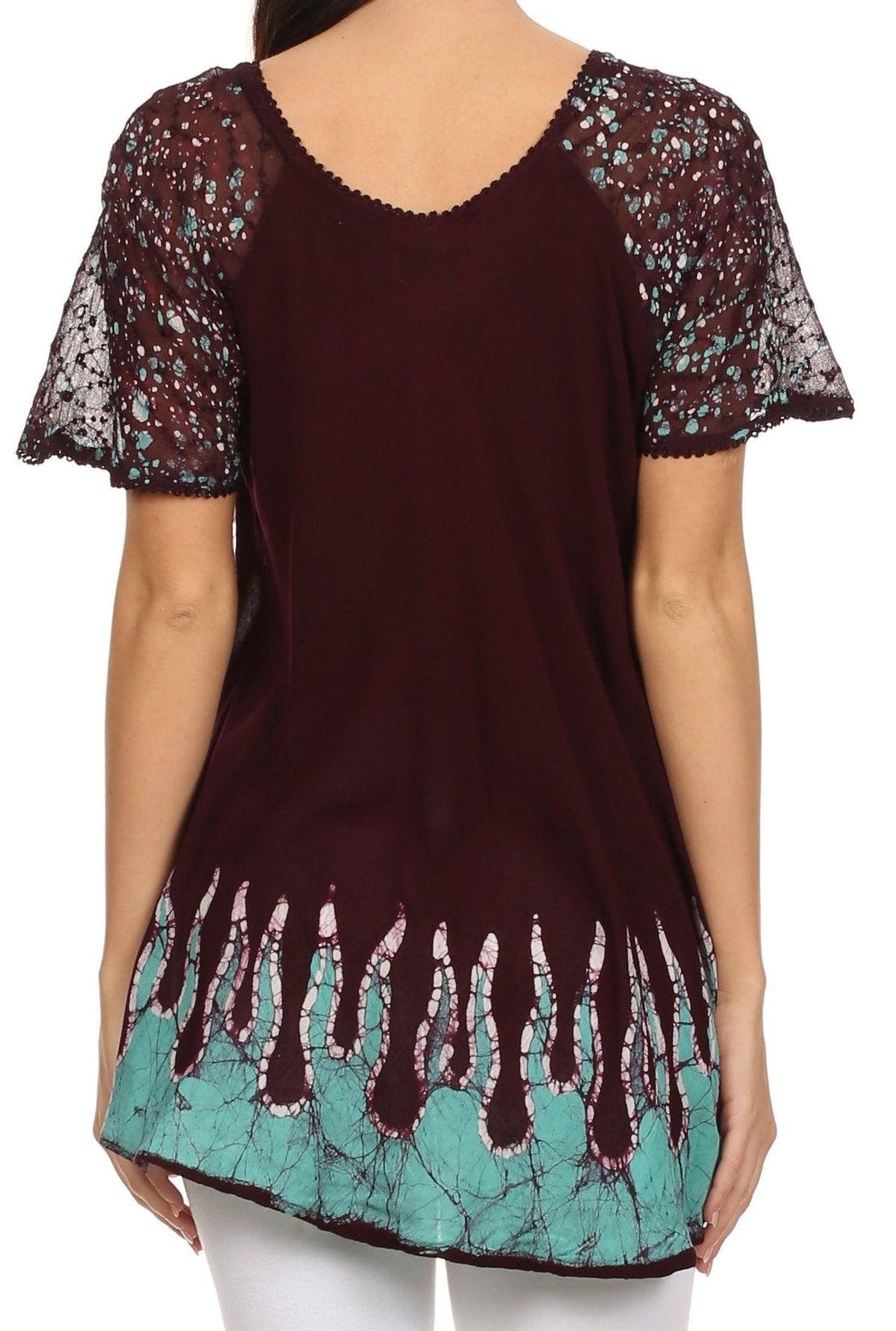 Blusa/Top Sakkas Cora de Manga Corta con Bordado y Diseño Batik de Corte Holgado