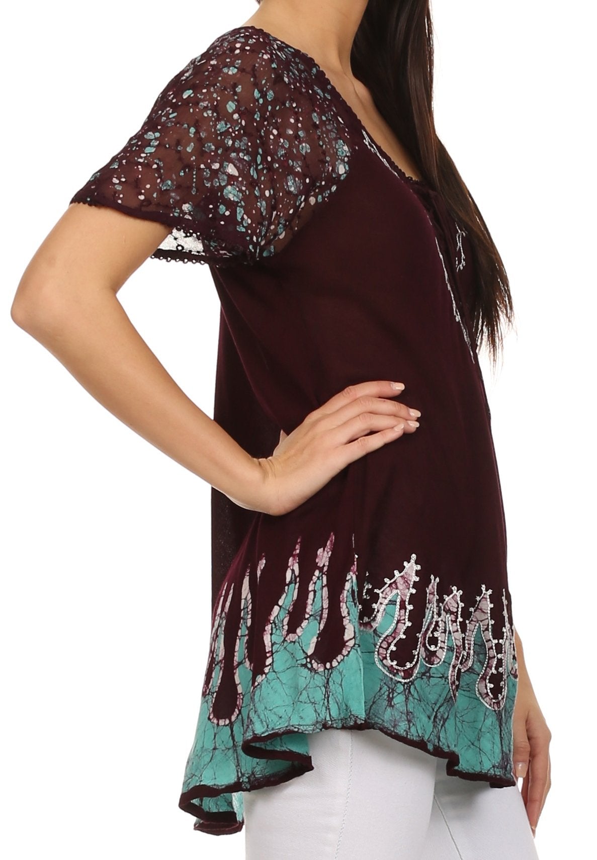 Blusa/Top Sakkas Cora de Manga Corta con Bordado y Diseño Batik de Corte Holgado