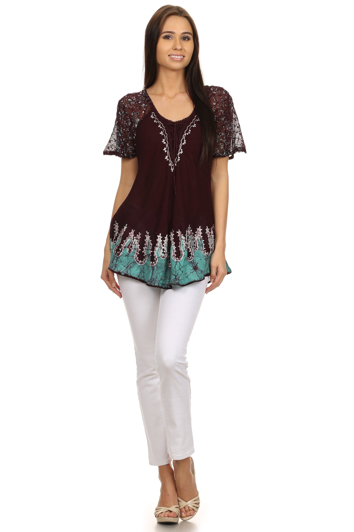 Blusa/Top Sakkas Cora de Manga Corta con Bordado y Diseño Batik de Corte Holgado