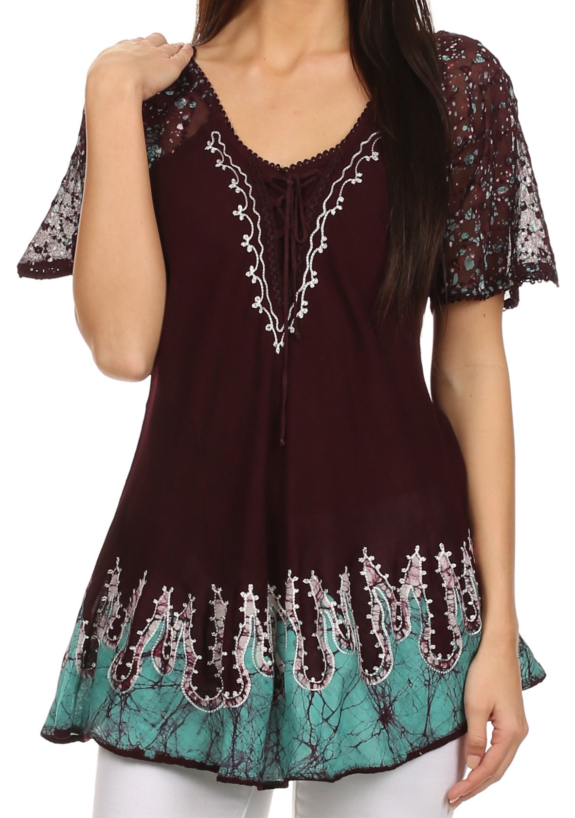 Blusa/Top Sakkas Cora de Manga Corta con Bordado y Diseño Batik de Corte Holgado