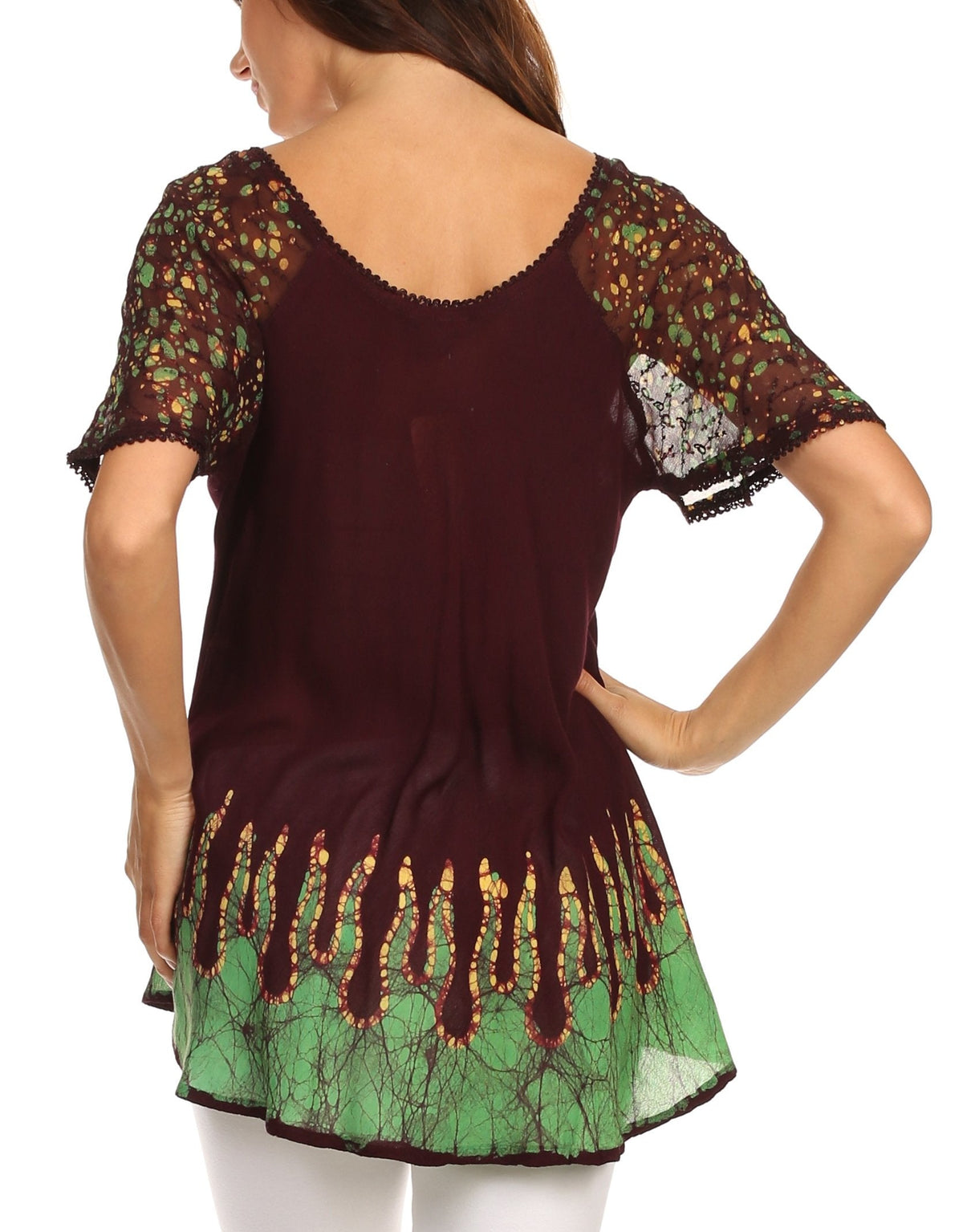 Blusa/Top Sakkas Cora de Manga Corta con Bordado y Diseño Batik de Corte Holgado