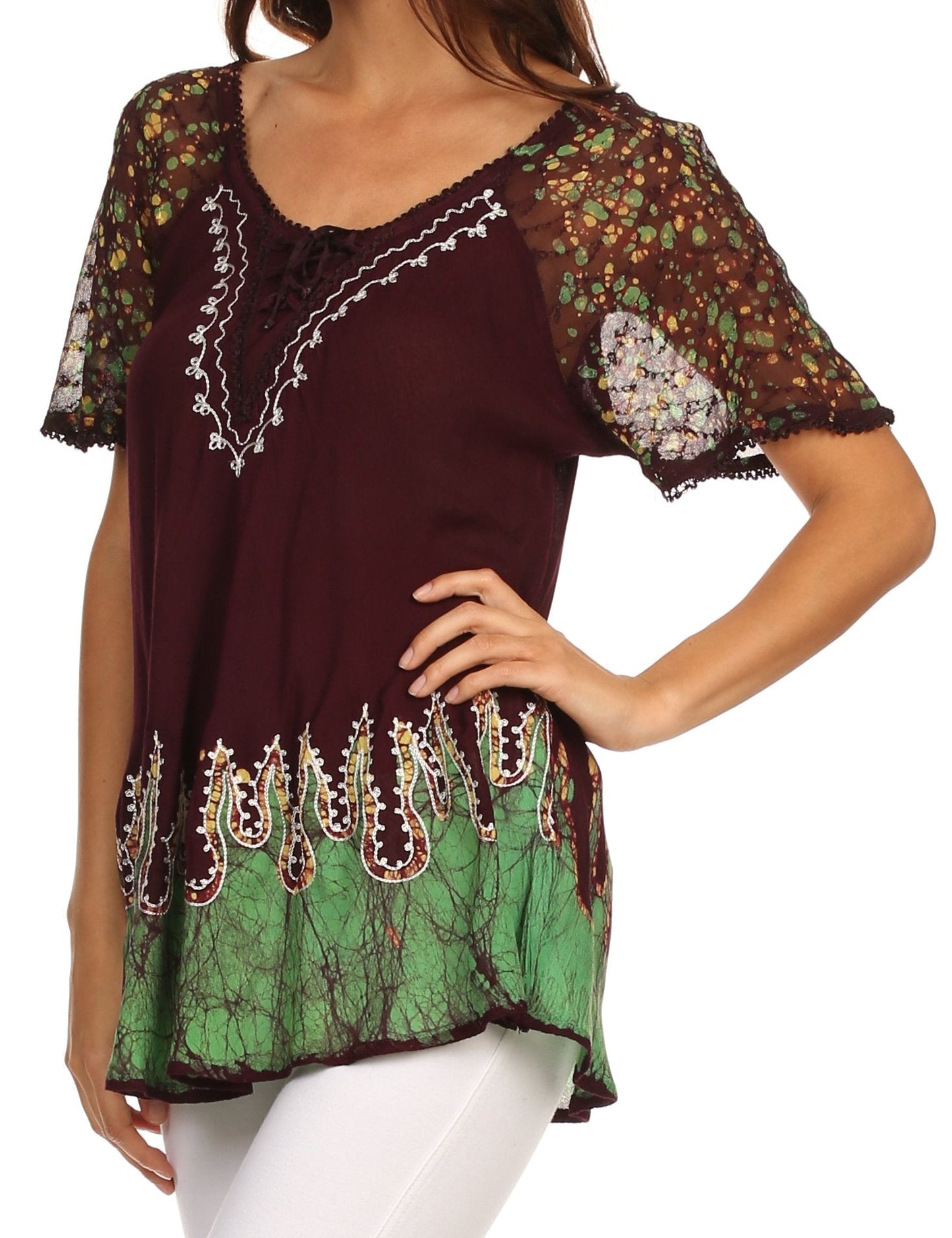 Blusa/Top Sakkas Cora de Manga Corta con Bordado y Diseño Batik de Corte Holgado