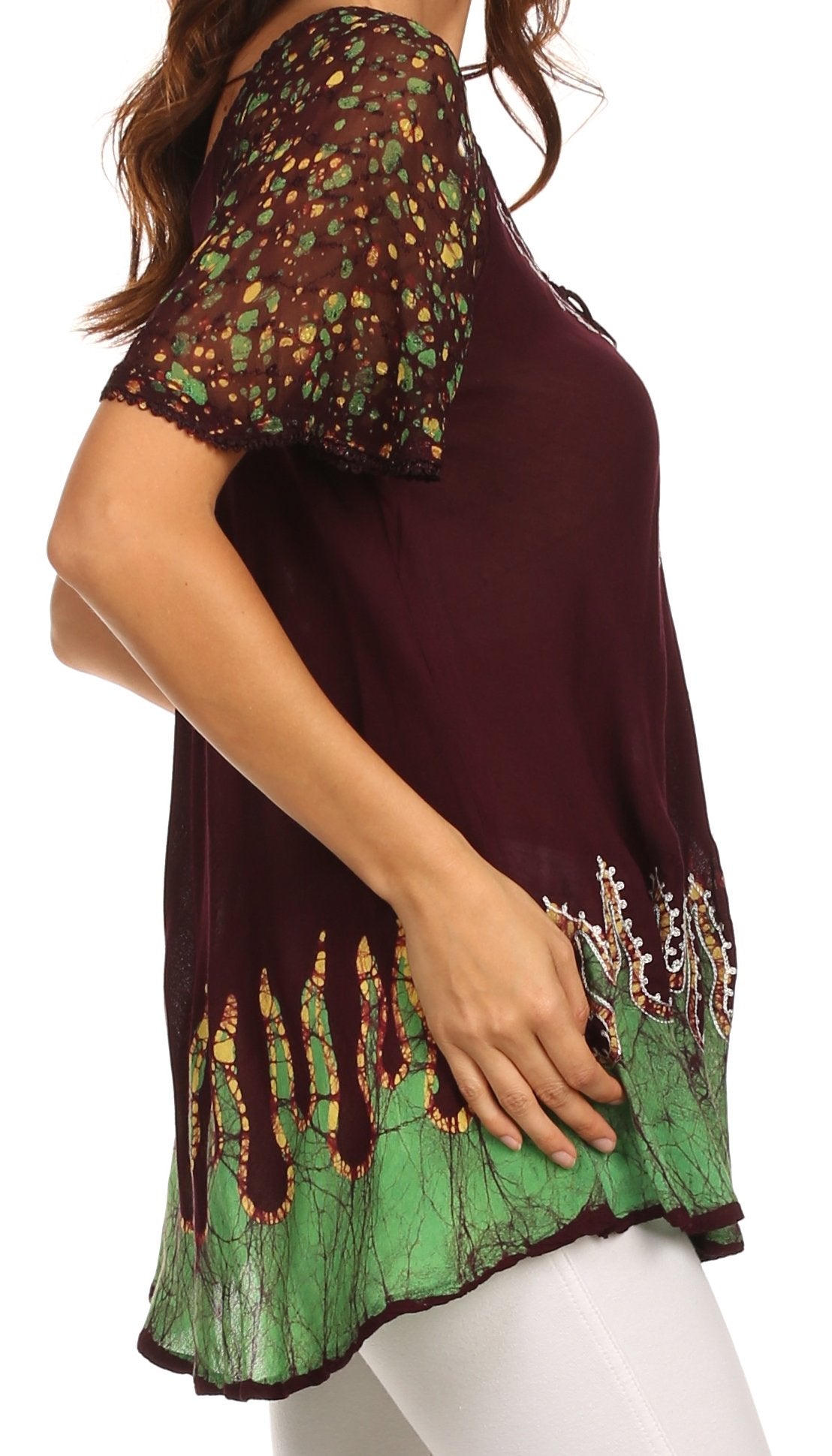 Blusa/Top Sakkas Cora de Manga Corta con Bordado y Diseño Batik de Corte Holgado
