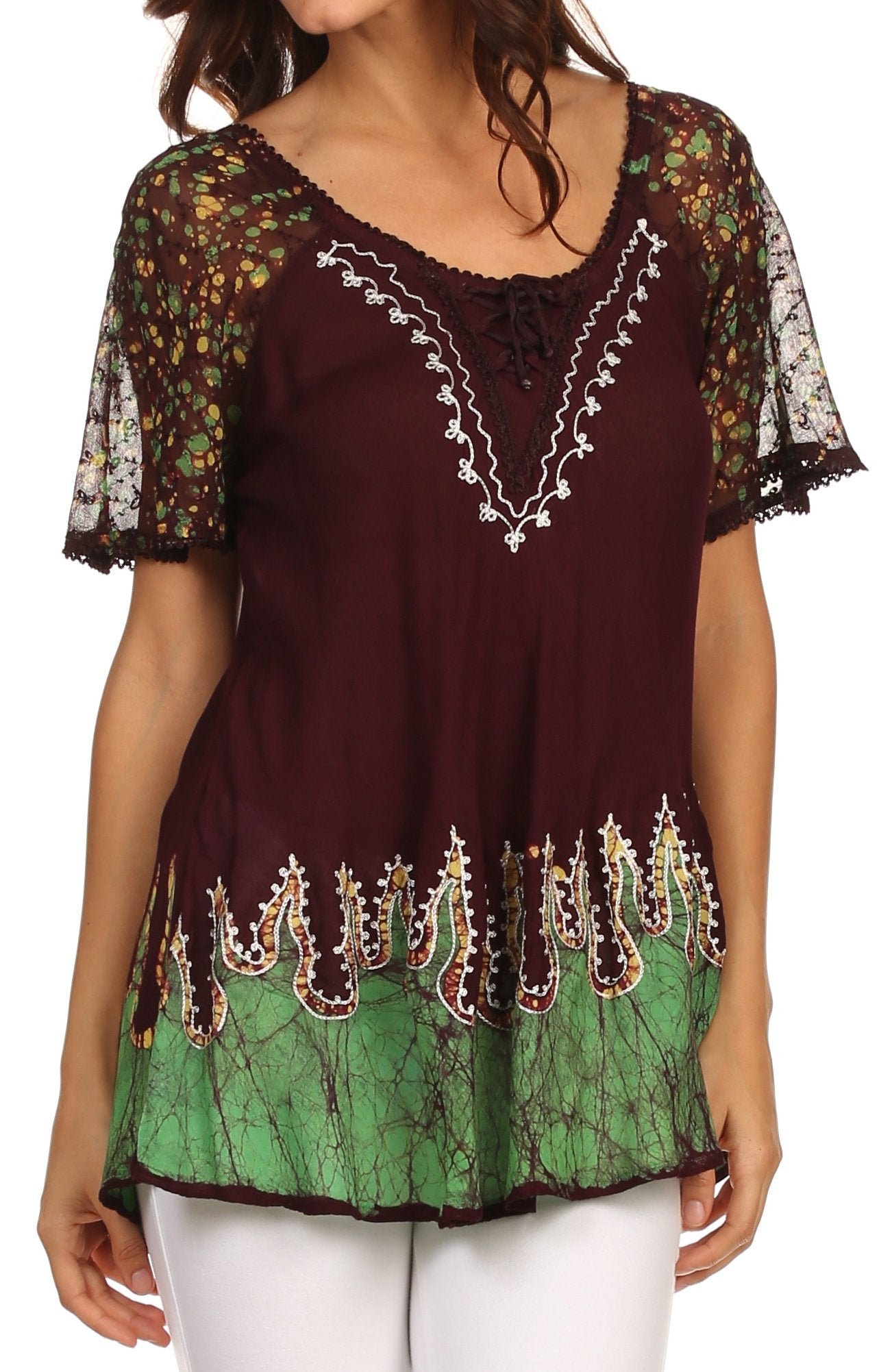 Blusa/Top Sakkas Cora de Manga Corta con Bordado y Diseño Batik de Corte Holgado
