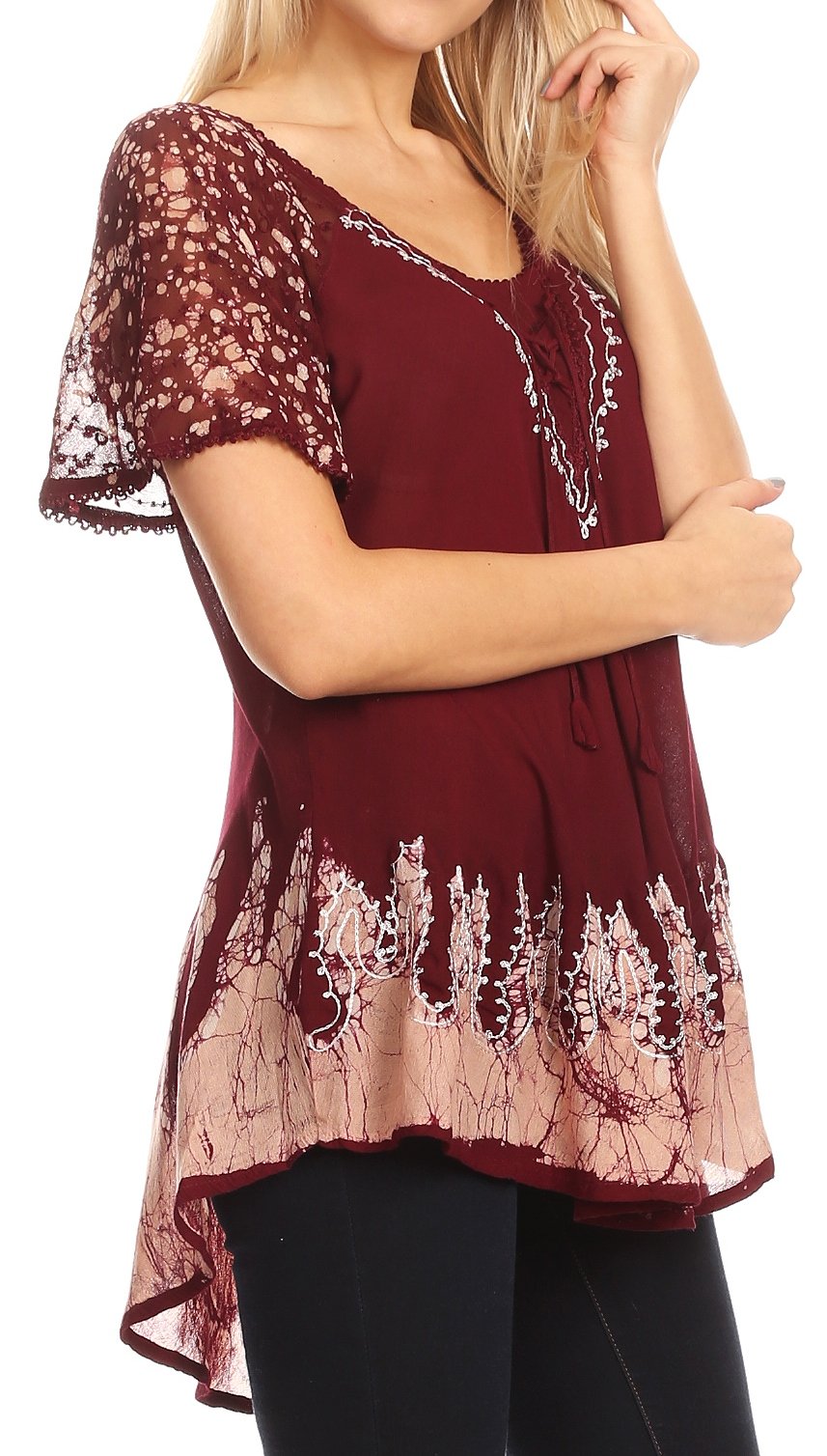Blusa/Top Sakkas Cora de Manga Corta con Bordado y Diseño Batik de Corte Holgado