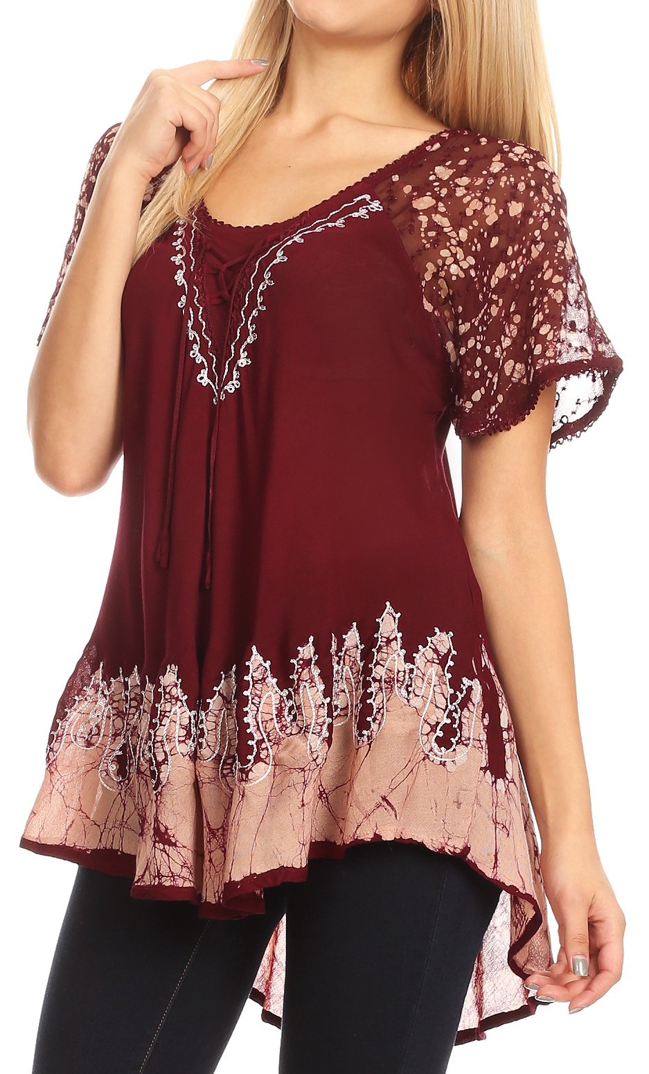 Blusa/Top Sakkas Cora de Manga Corta con Bordado y Diseño Batik de Corte Holgado