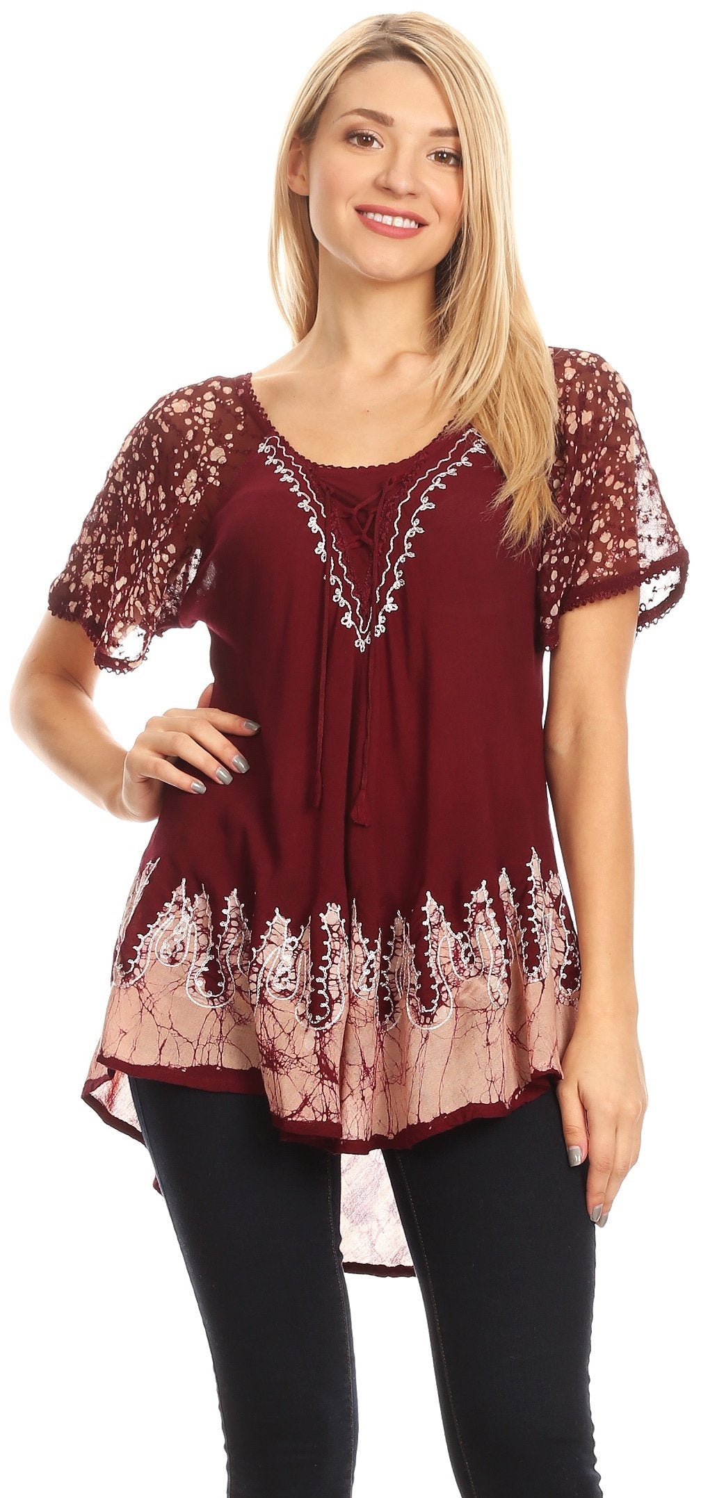 Blusa/Top Sakkas Cora de Manga Corta con Bordado y Diseño Batik de Corte Holgado