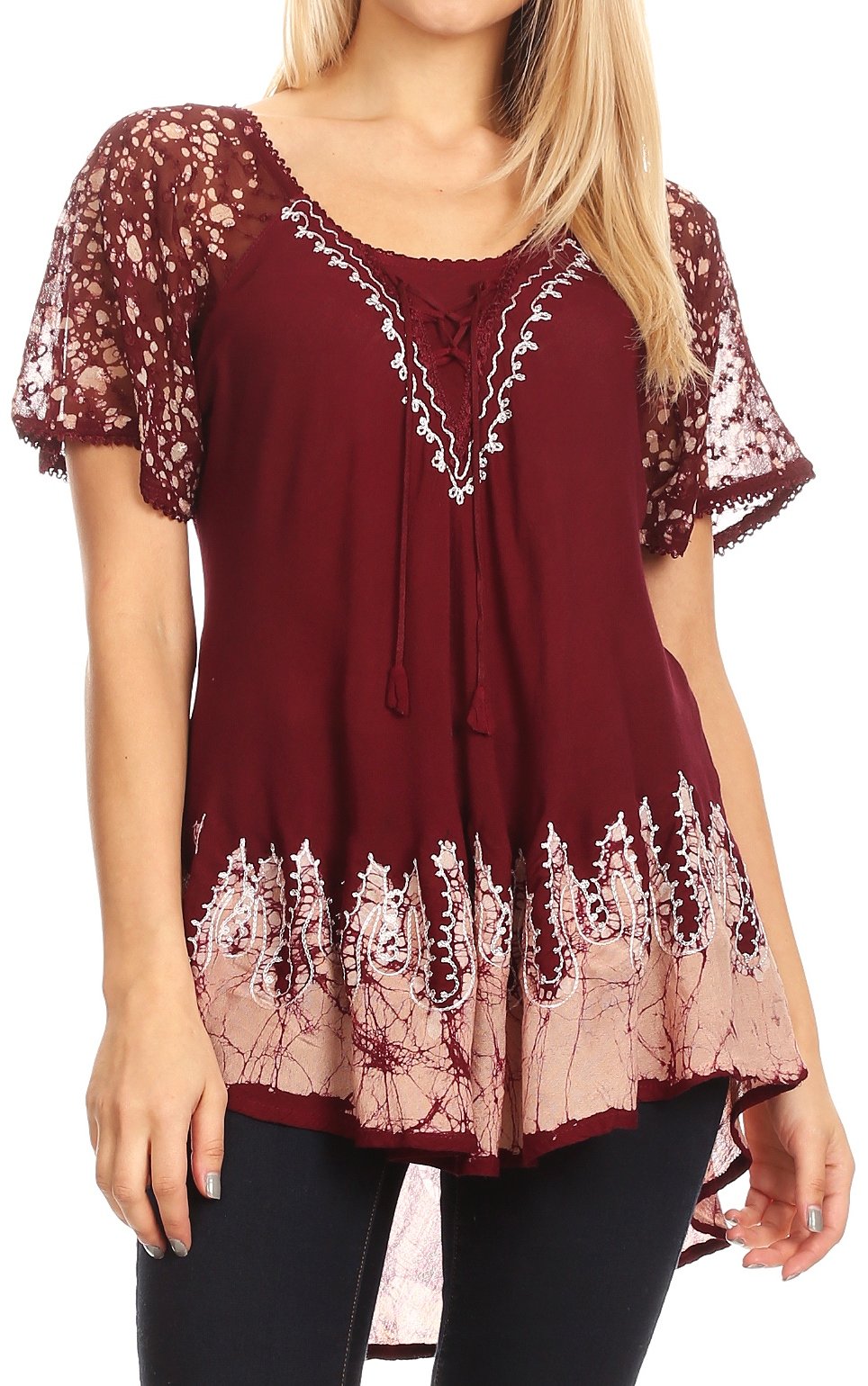 Blusa/Top Sakkas Cora de Manga Corta con Bordado y Diseño Batik de Corte Holgado