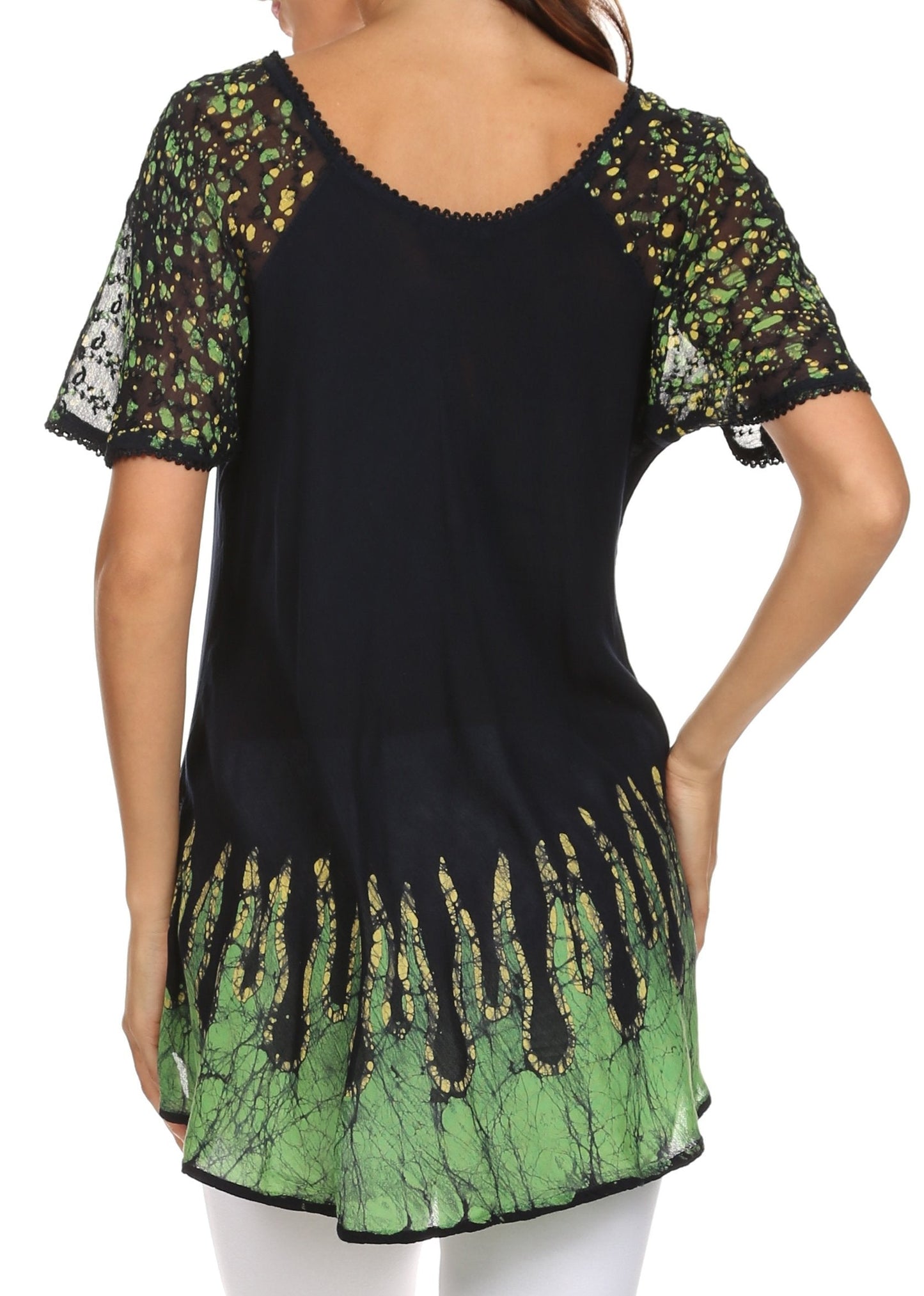 Blusa/Top Sakkas Cora de Manga Corta con Bordado y Diseño Batik de Corte Holgado