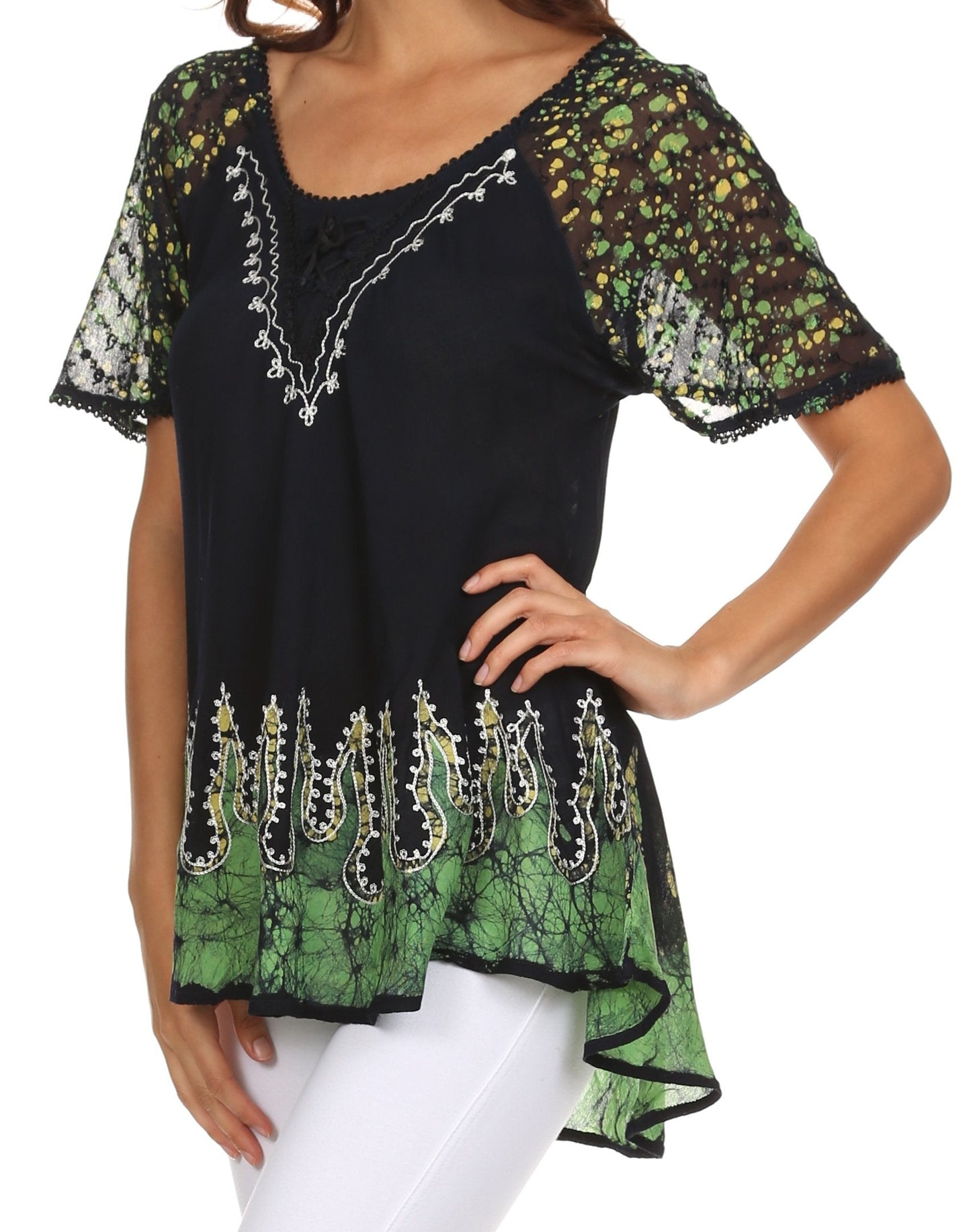 Blusa/Top Sakkas Cora de Manga Corta con Bordado y Diseño Batik de Corte Holgado