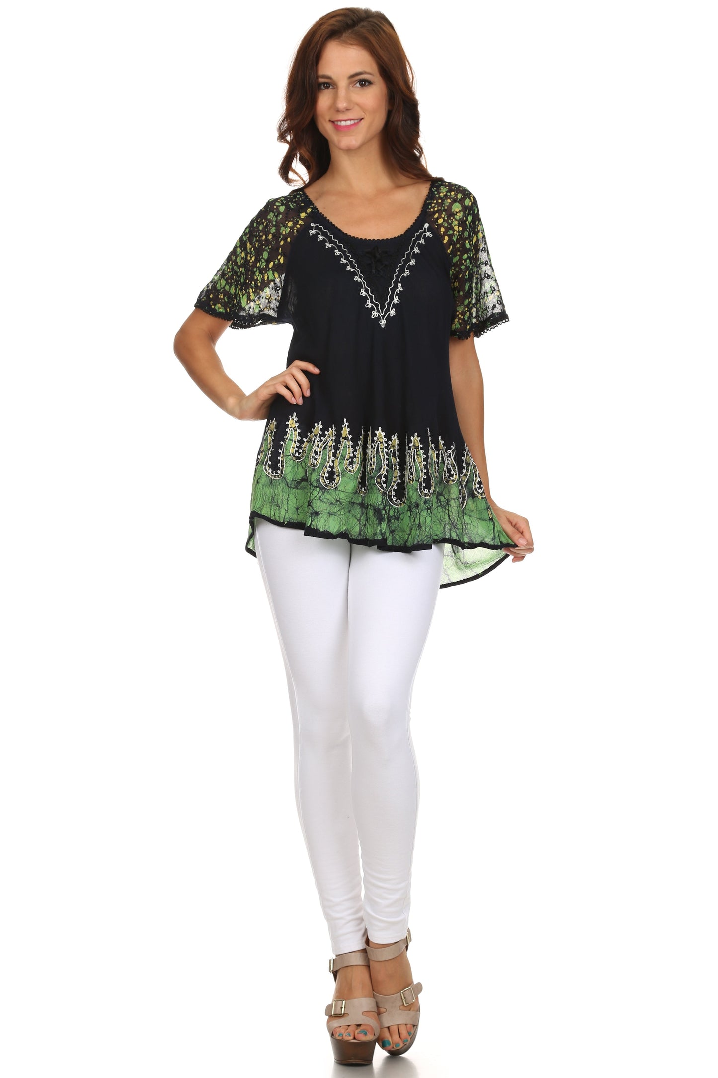 Blusa/Top Sakkas Cora de Manga Corta con Bordado y Diseño Batik de Corte Holgado