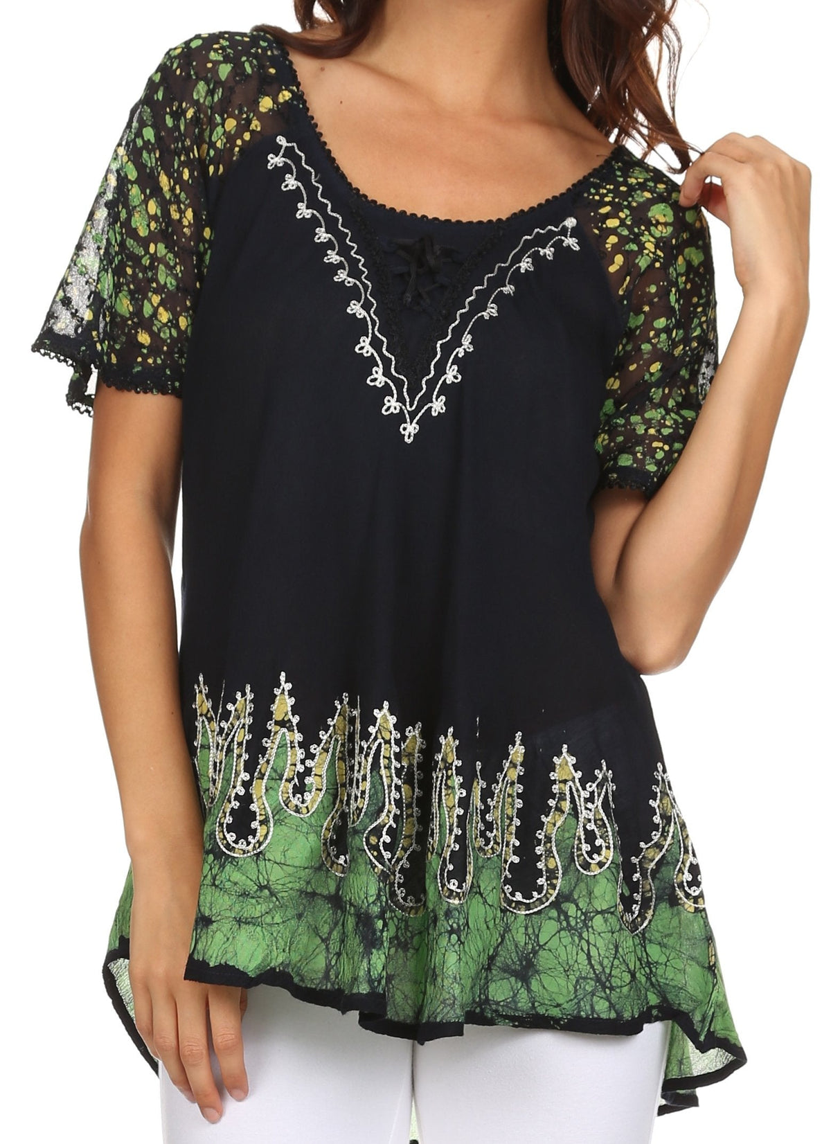 Blusa/Top Sakkas Cora de Manga Corta con Bordado y Diseño Batik de Corte Holgado