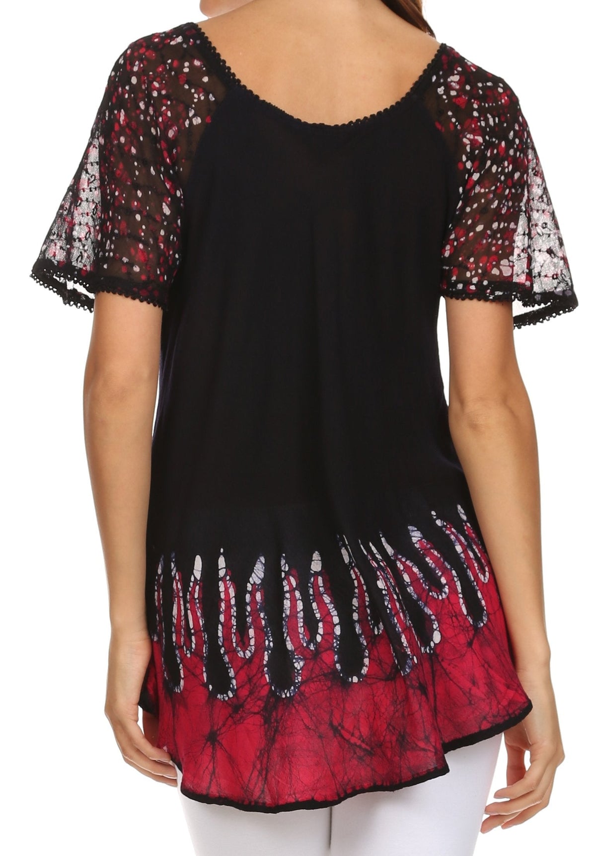 Blusa/Top Sakkas Cora de Manga Corta con Bordado y Diseño Batik de Corte Holgado