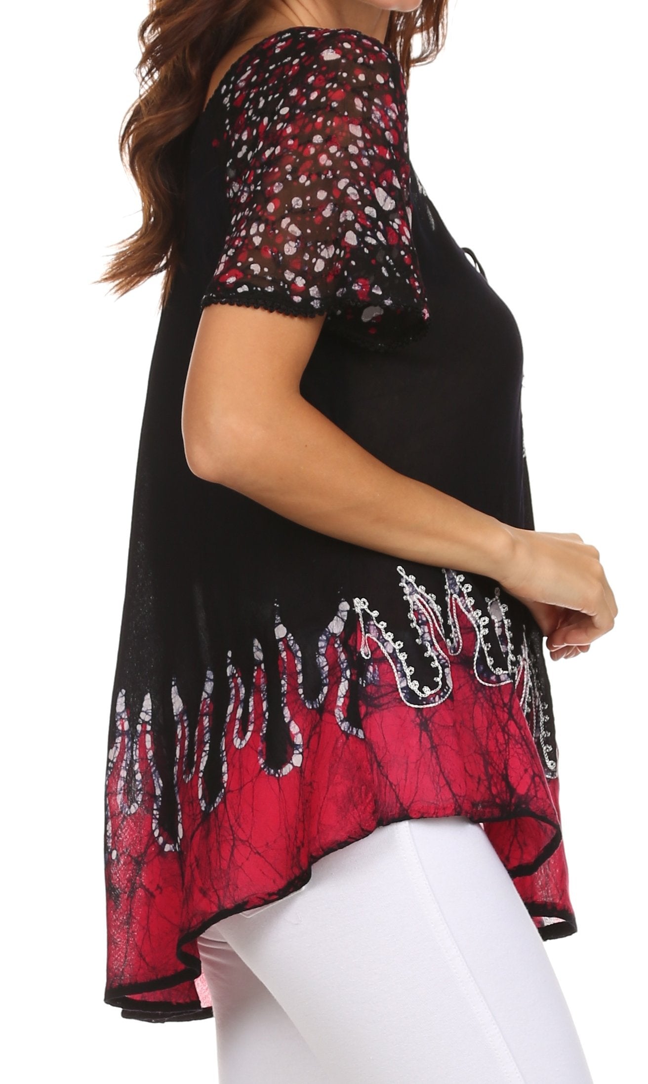 Blusa/Top Sakkas Cora de Manga Corta con Bordado y Diseño Batik de Corte Holgado