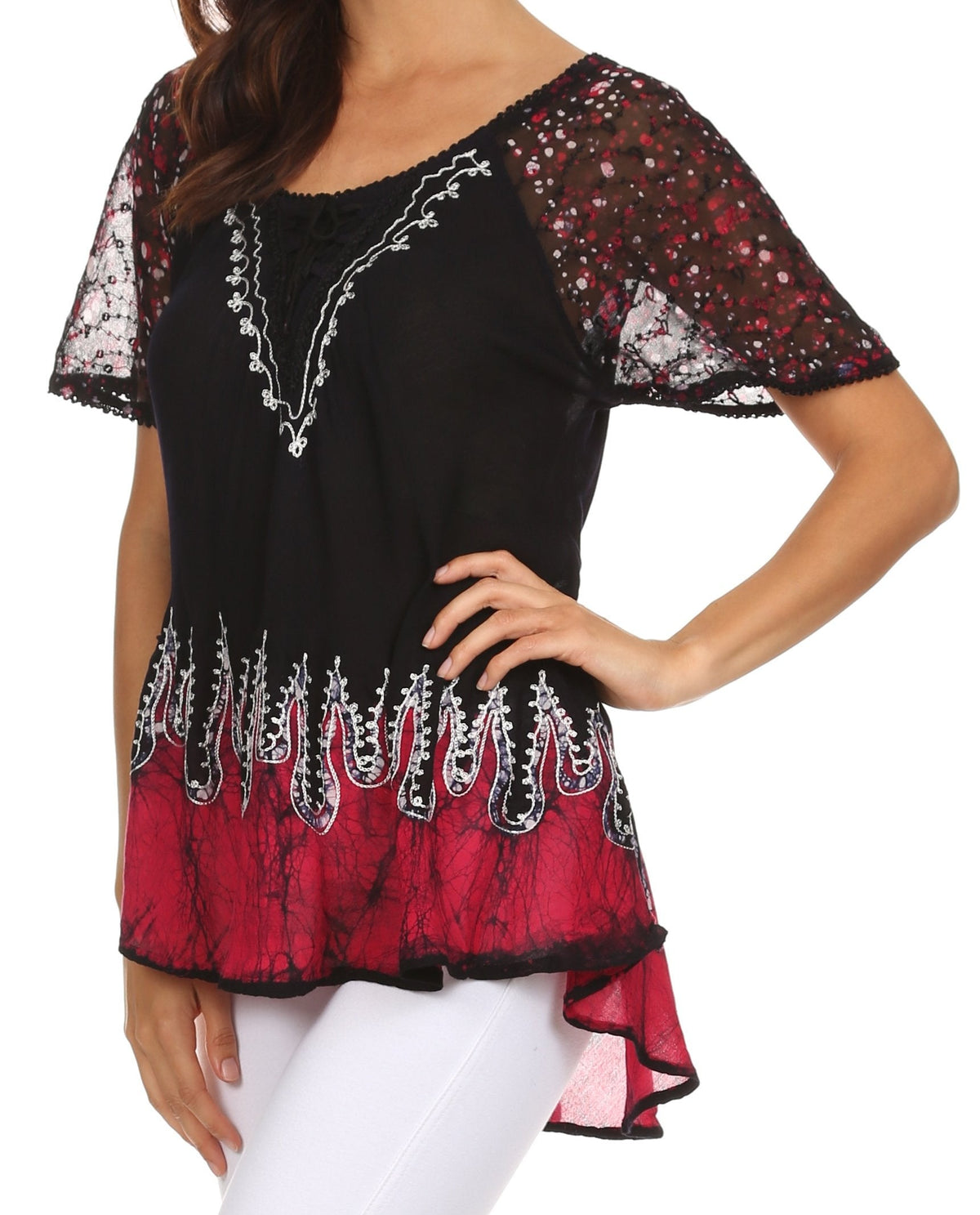 Blusa/Top Sakkas Cora de Manga Corta con Bordado y Diseño Batik de Corte Holgado