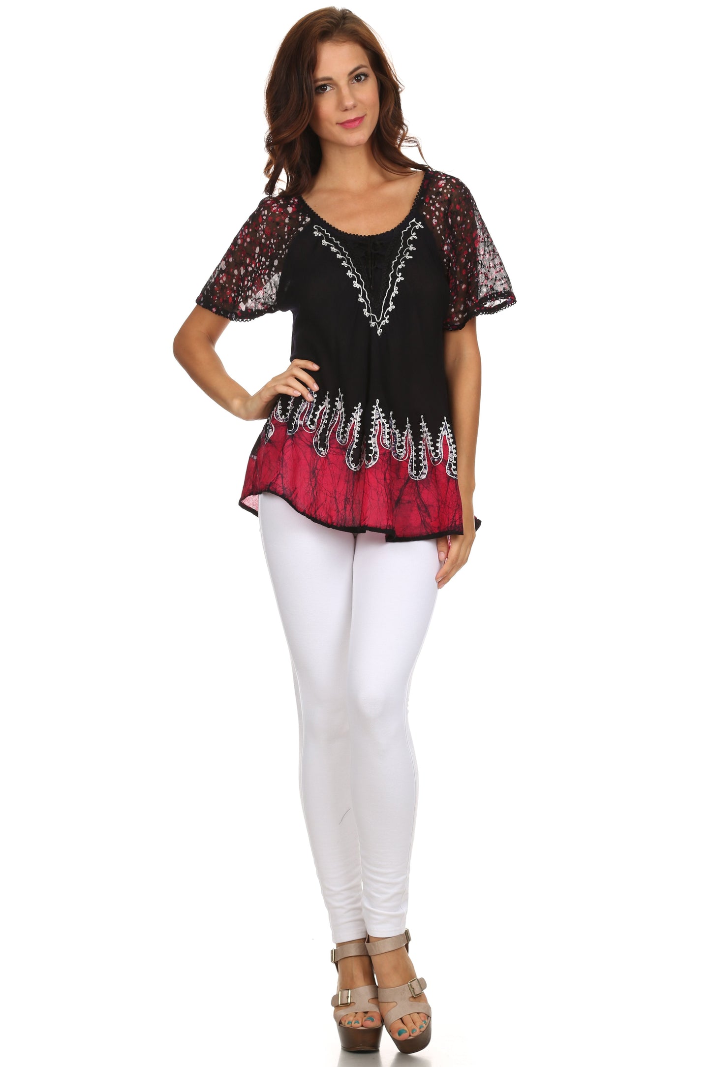 Blusa/Top Sakkas Cora de Manga Corta con Bordado y Diseño Batik de Corte Holgado