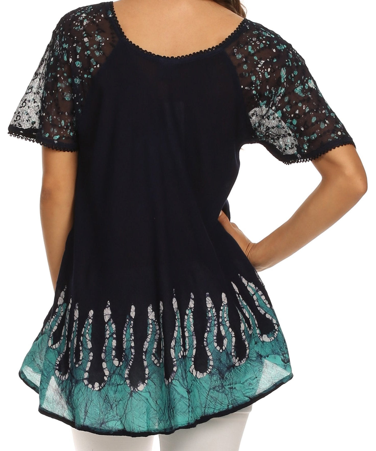 Blusa/Top Sakkas Cora de Manga Corta con Bordado y Diseño Batik de Corte Holgado