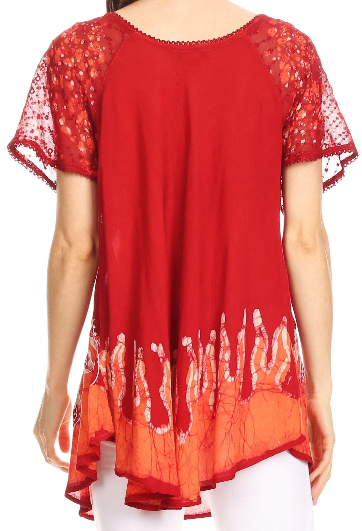 Blusa/Top Sakkas Cora de Manga Corta con Bordado y Diseño Batik de Corte Holgado