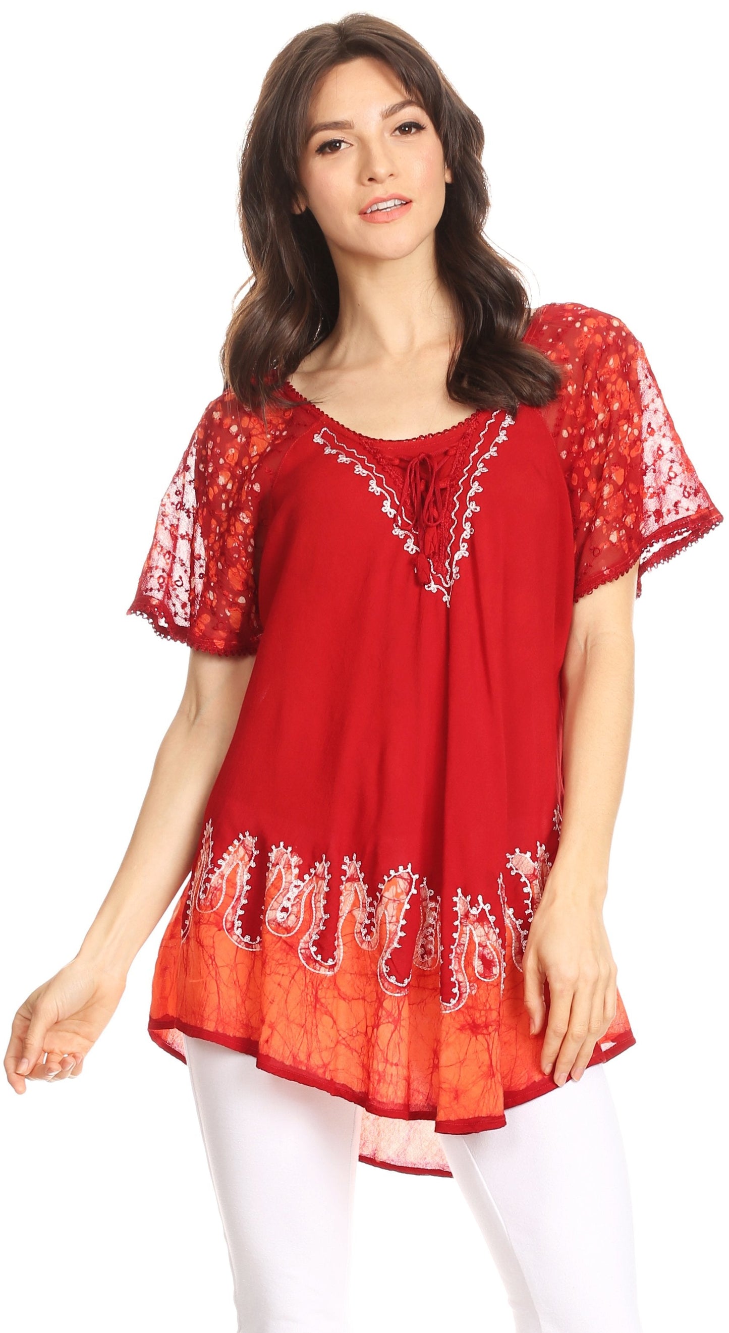 Blusa/Top Sakkas Cora de Manga Corta con Bordado y Diseño Batik de Corte Holgado