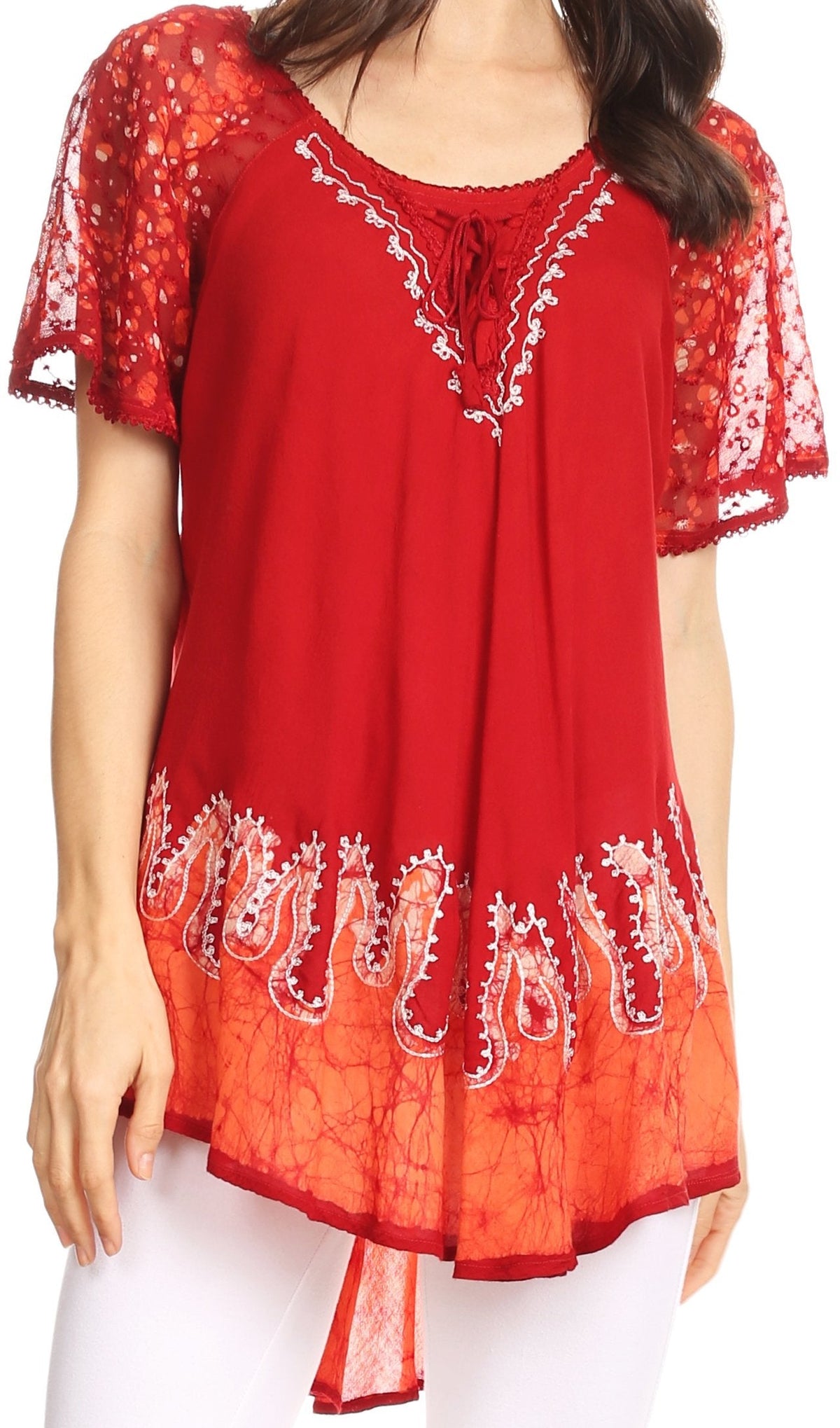 Blusa/Top Sakkas Cora de Manga Corta con Bordado y Diseño Batik de Corte Holgado