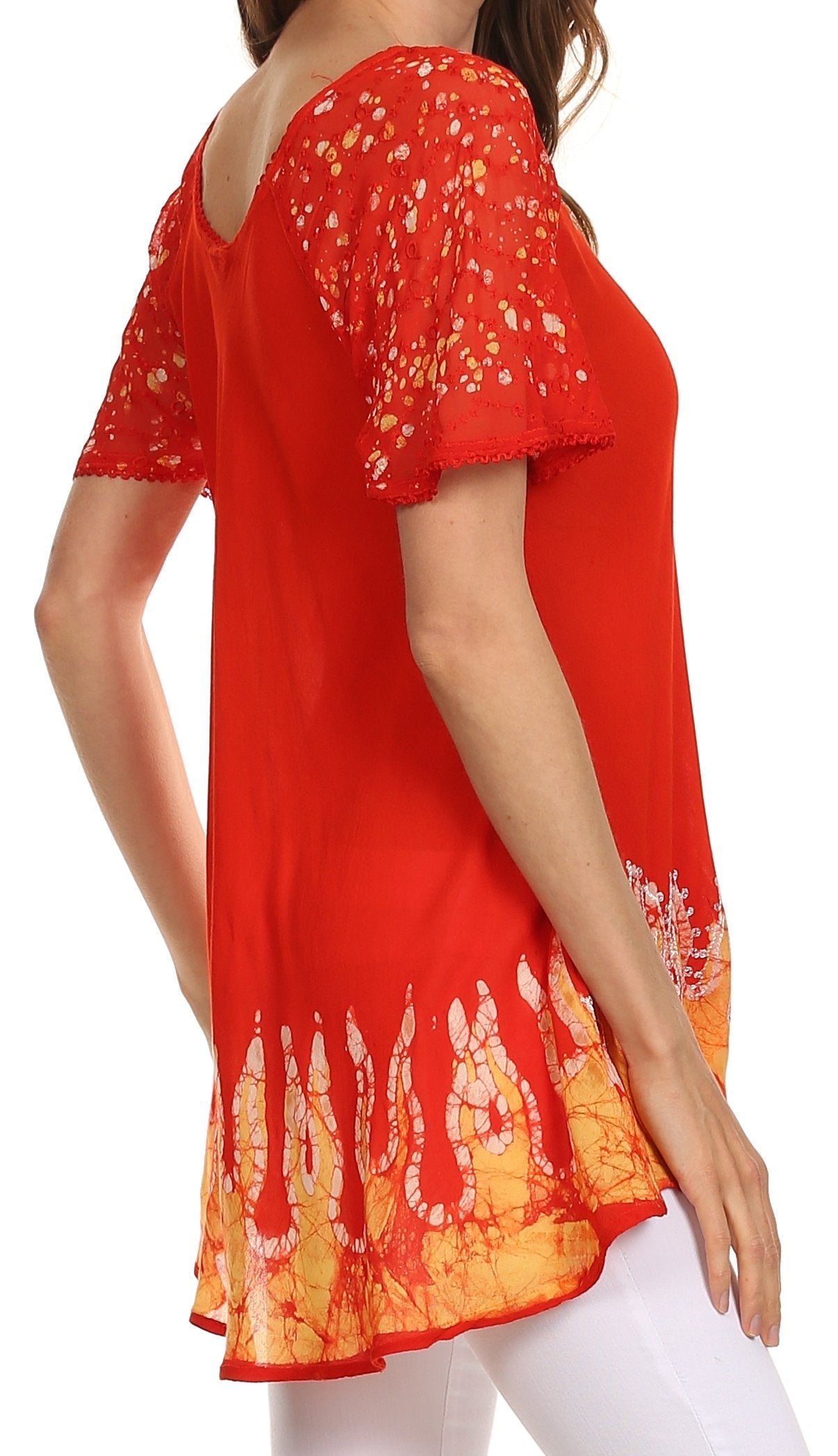 Blusa/Top Sakkas Cora de Manga Corta con Bordado y Diseño Batik de Corte Holgado