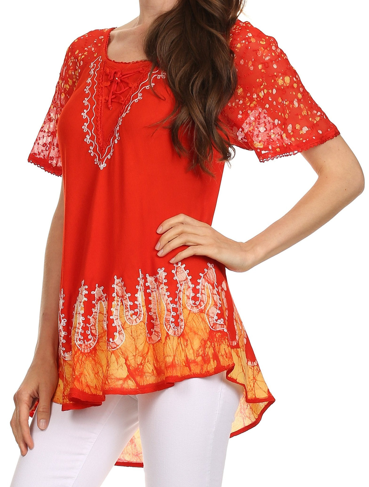 Blusa/Top Sakkas Cora de Manga Corta con Bordado y Diseño Batik de Corte Holgado