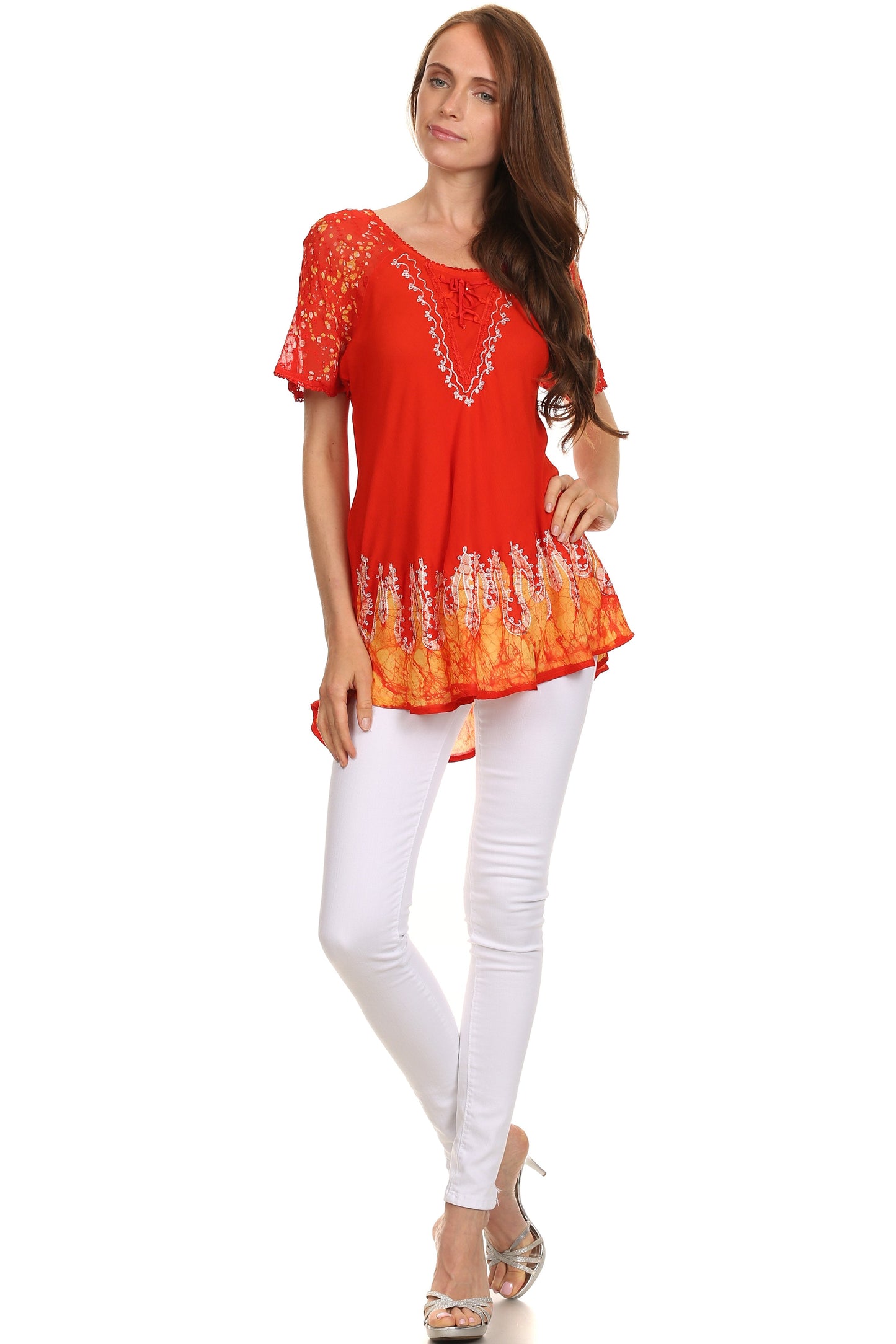 Blusa/Top Sakkas Cora de Manga Corta con Bordado y Diseño Batik de Corte Holgado