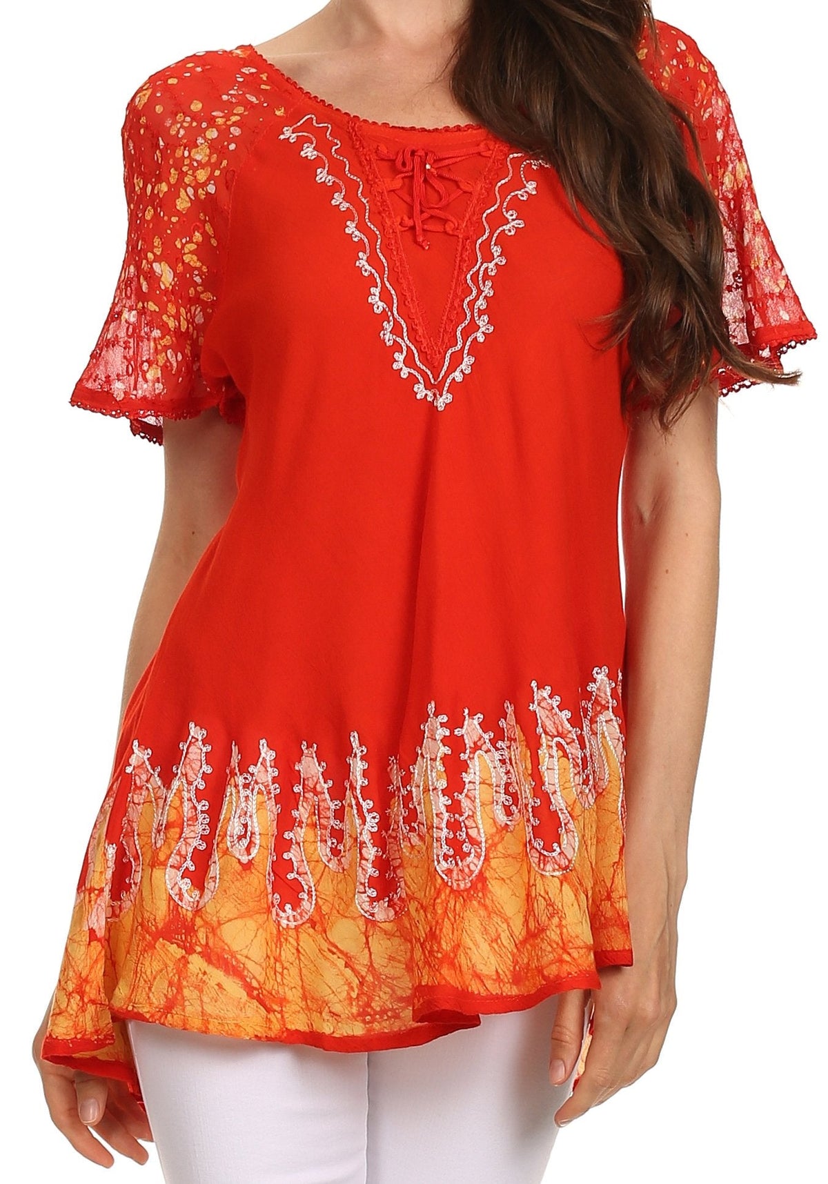 Blusa/Top Sakkas Cora de Manga Corta con Bordado y Diseño Batik de Corte Holgado