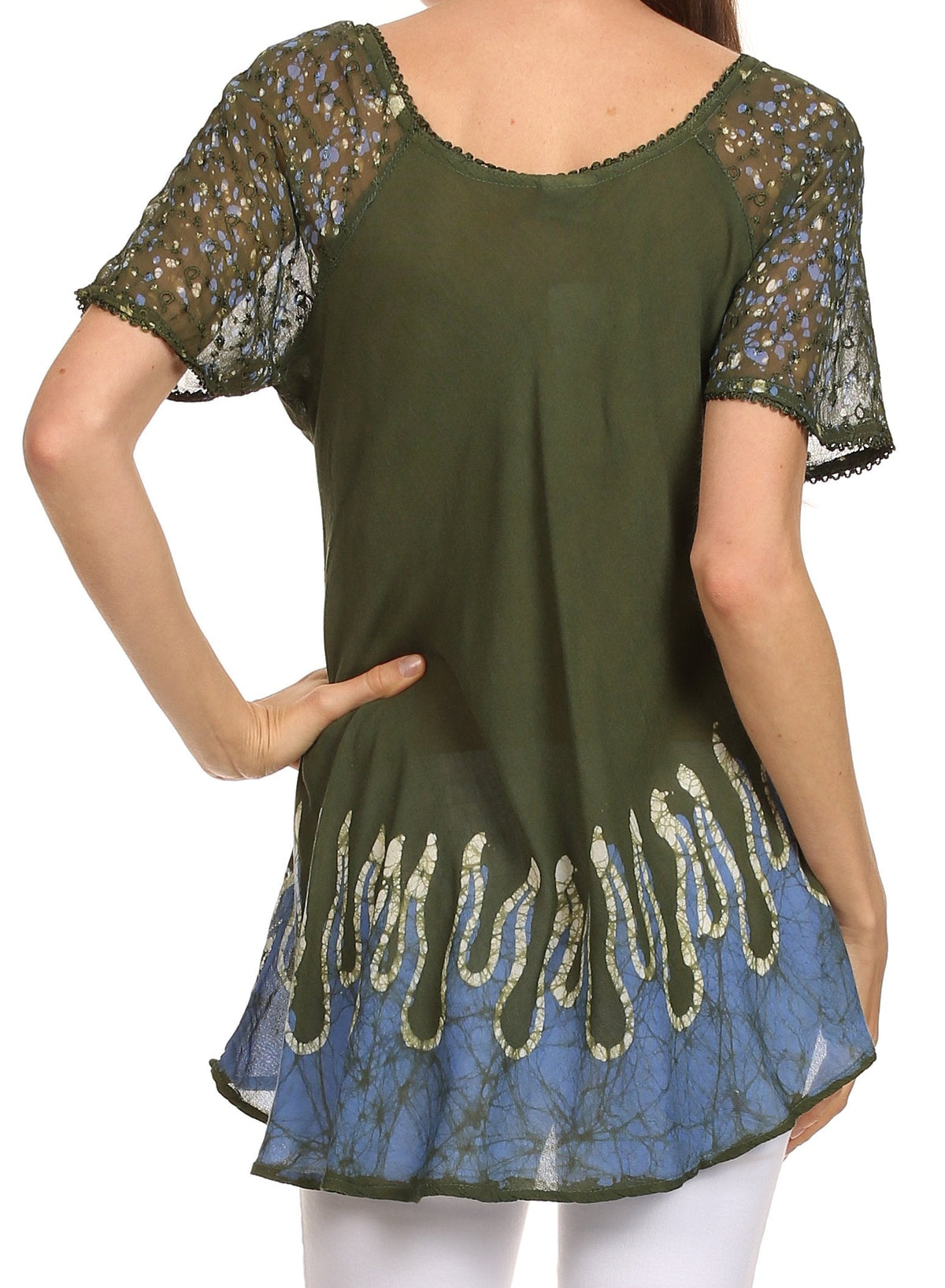 Blusa/Top Sakkas Cora de Manga Corta con Bordado y Diseño Batik de Corte Holgado