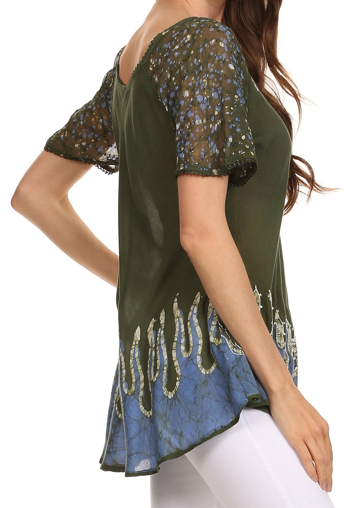 Blusa/Top Sakkas Cora de Manga Corta con Bordado y Diseño Batik de Corte Holgado