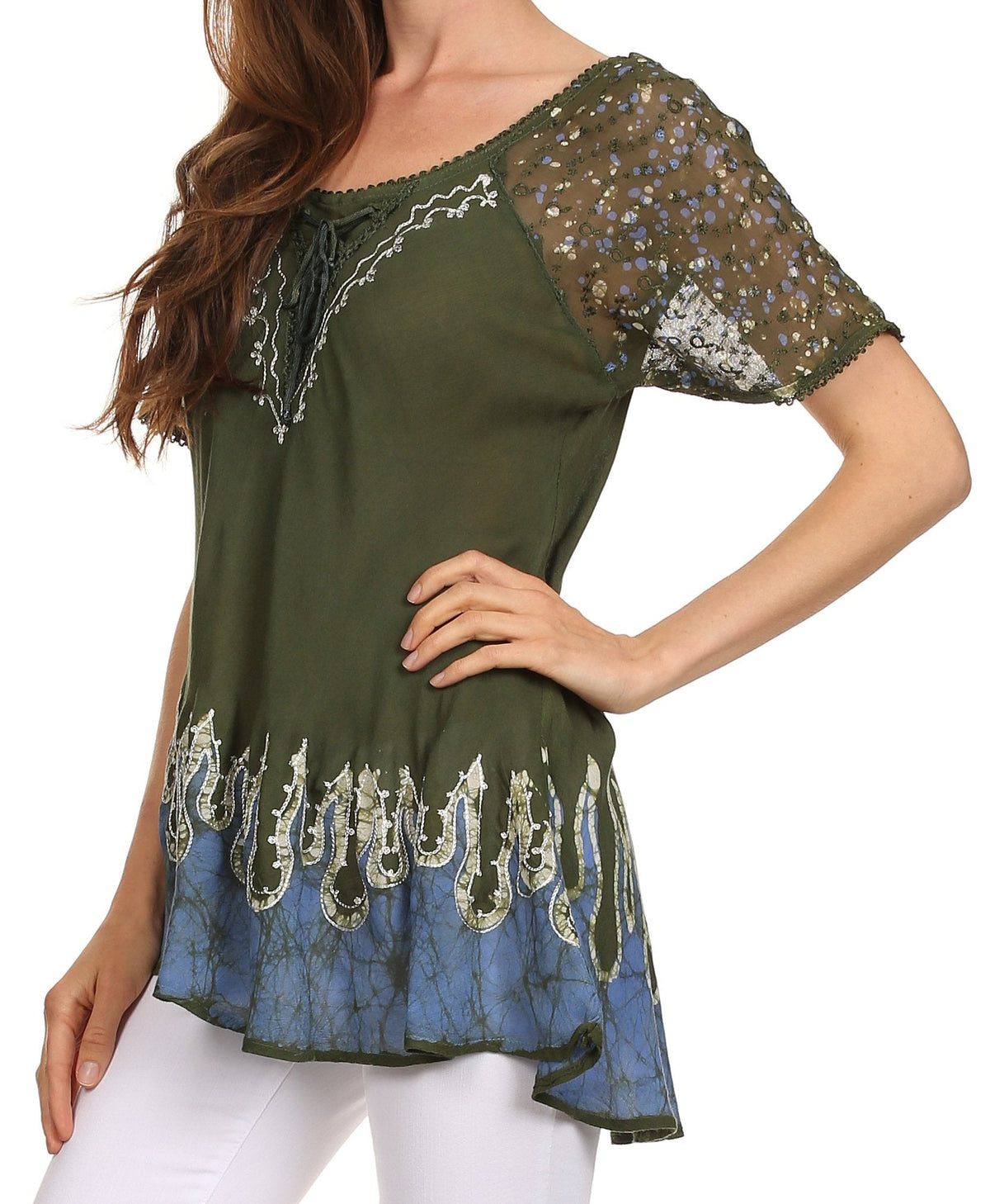 Blusa/Top Sakkas Cora de Manga Corta con Bordado y Diseño Batik de Corte Holgado
