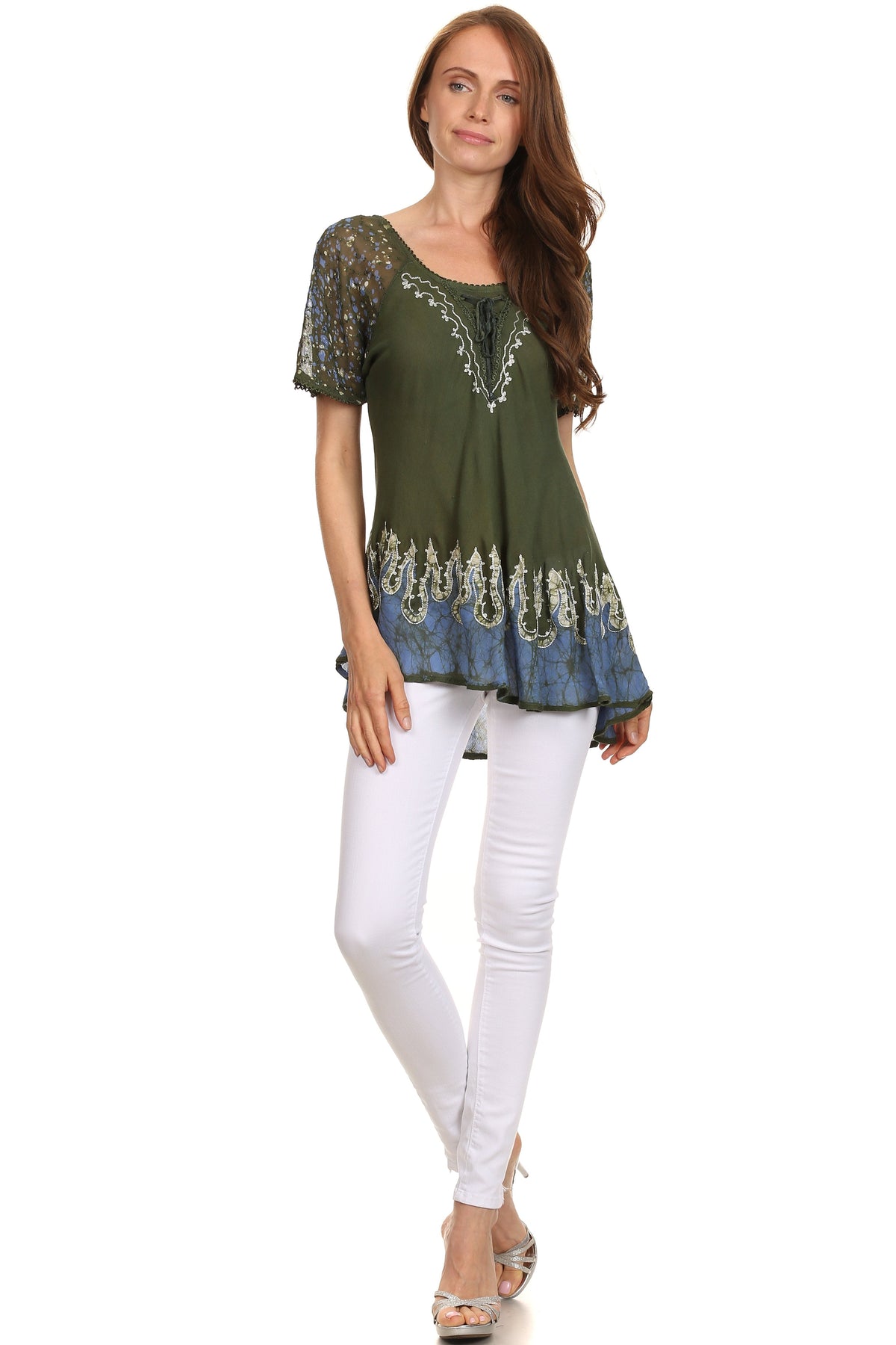 Blusa/Top Sakkas Cora de Manga Corta con Bordado y Diseño Batik de Corte Holgado