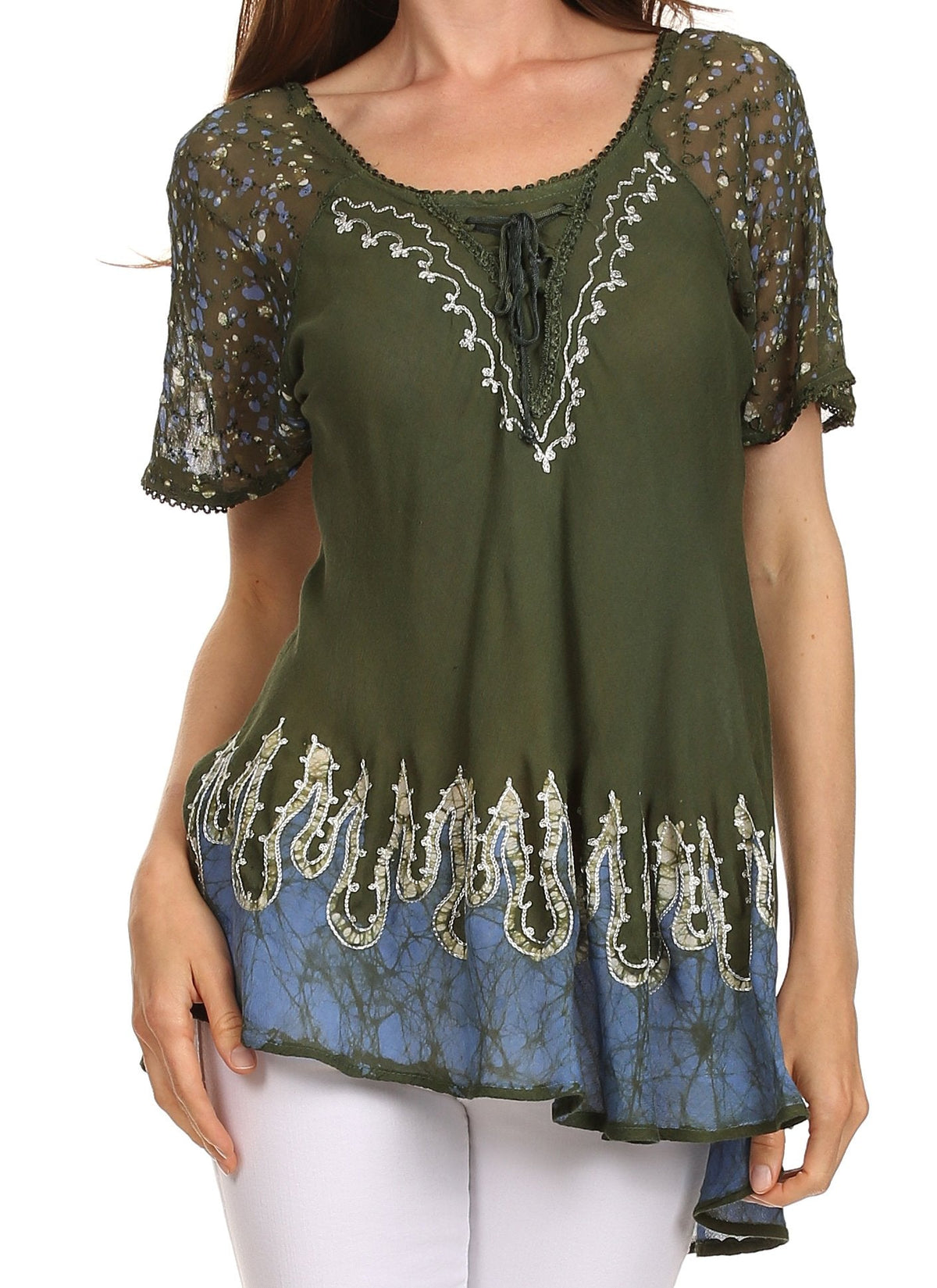 Blusa/Top Sakkas Cora de Manga Corta con Bordado y Diseño Batik de Corte Holgado