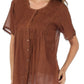 Sakkas Button Down Embroidered Short Sleeve Semi-Sheer Gauzy Cotton Top / Blouse
